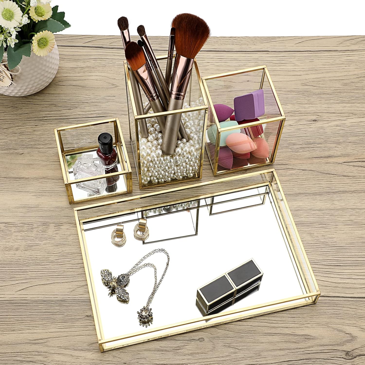 Hipiwe Set of 4 Glass Mirror Tray with Stackable Makeup Brush Holder - Gold Jewelry Trinket & Vanity Tray Perfume & Cosmetic Brush Organizer Pen & Pencil Holder for Dresser Bathroom Office