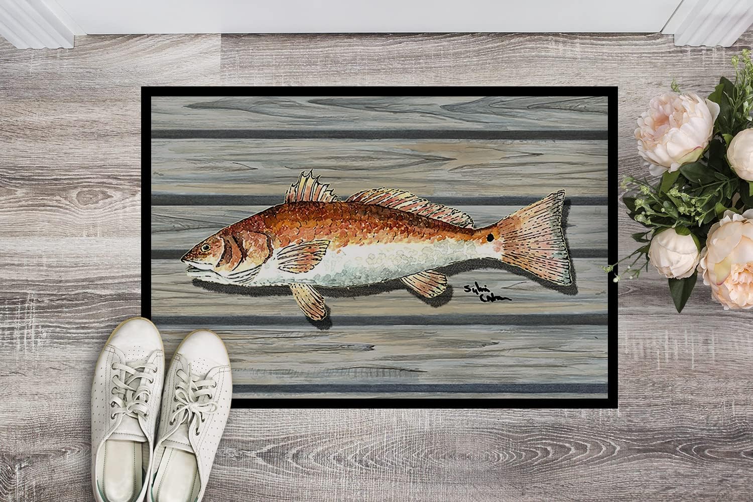 Caroline's Treasures 8489-JMAT Red Fish Doormat 24x36 Front Door Mat Indoor Outdoor Rugs for Entryway, Non Slip Washable Low Pile, 24H X 36W