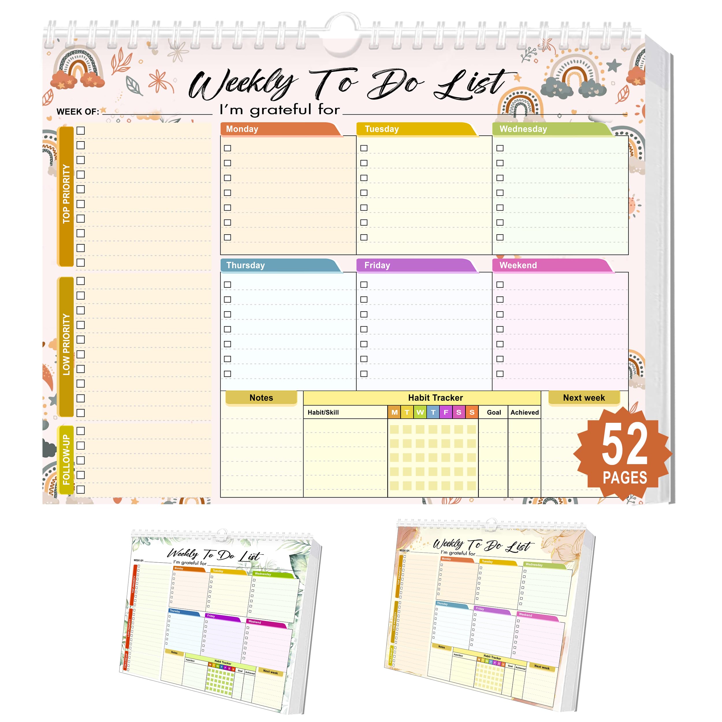 Weekly Planning To-Do-List Pad, 52 Undated Sheets for Daily To-Do Lists, Habit Tracking, Academic Scheduling, and Productivity Goals - Perfect for