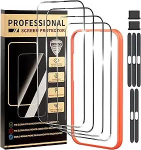 4 Pack for iphone 14 pro screen protector 6.1 inch for iphone 15 pro iphone 16 pro Tempered Glass Optional with Install Frame Case Friendly, Dynamic Island Compatible, Sensor Protection, HD, 9H