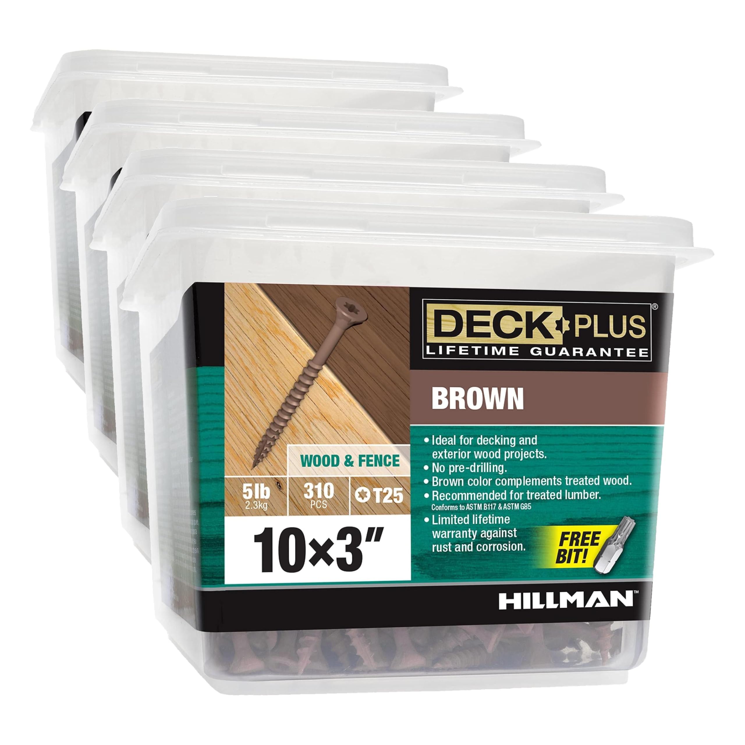 Deck Plus 3 Inch Epoxy Coated Exterior Wood and Fence Screws #10 x 3 Torx/Star Drive Included Coarse Thread, Outdoor Rust Resistant Decking Screw, Brown, 5 lb Box, 310 Pieces | 49009 (Pack of 4)