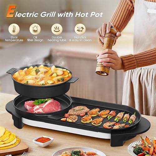 Miniatura 4 de BOEASTER Olla caliente eléctrica 2 en 1 sin humo con parrilla, olla caliente extraíble de 2200W, combo de barbacoa coreana y Shabu para interior,
