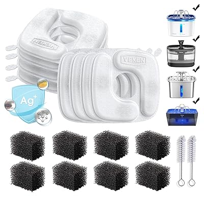 Veken Cat Water Fountain Filters, 8 Pack Replacement Filters & 8 Pack Replacement Pre-Filter Sponges Set for 50oz, 84oz, 95oz or 108oz Automatic Pet Fountain Dog Water Dispenser
