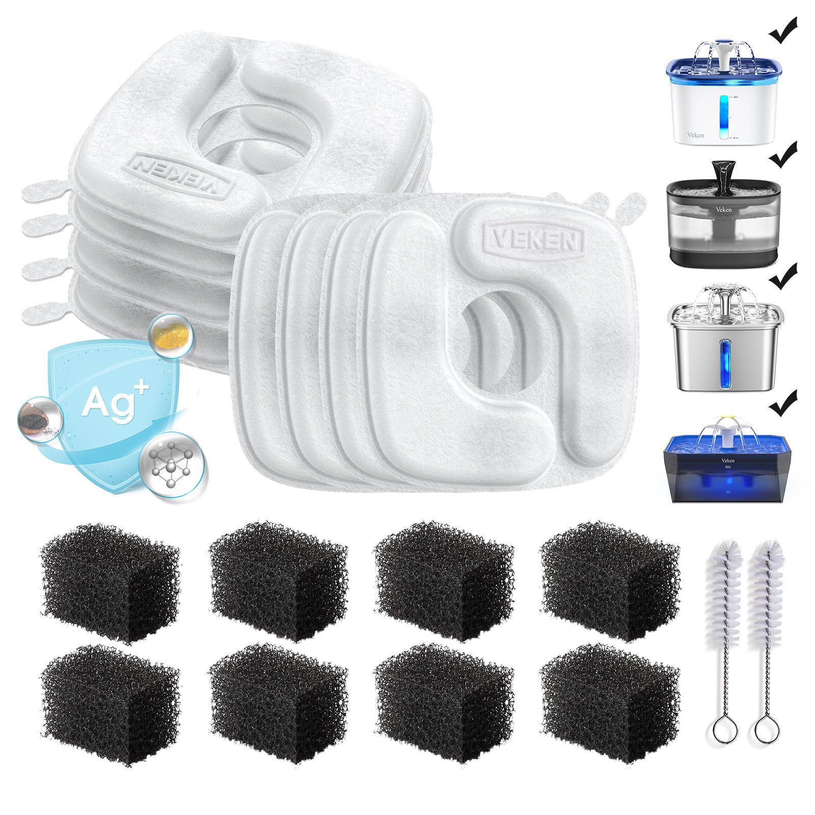Cat Water Fountain Filters, 8 Pack Replacement Filters & 8 Pack Replacement Pre-Filter Sponges Set for 50oz, 84oz, 95oz or 108oz Automatic Pet Fountain Dog Water Dispenser