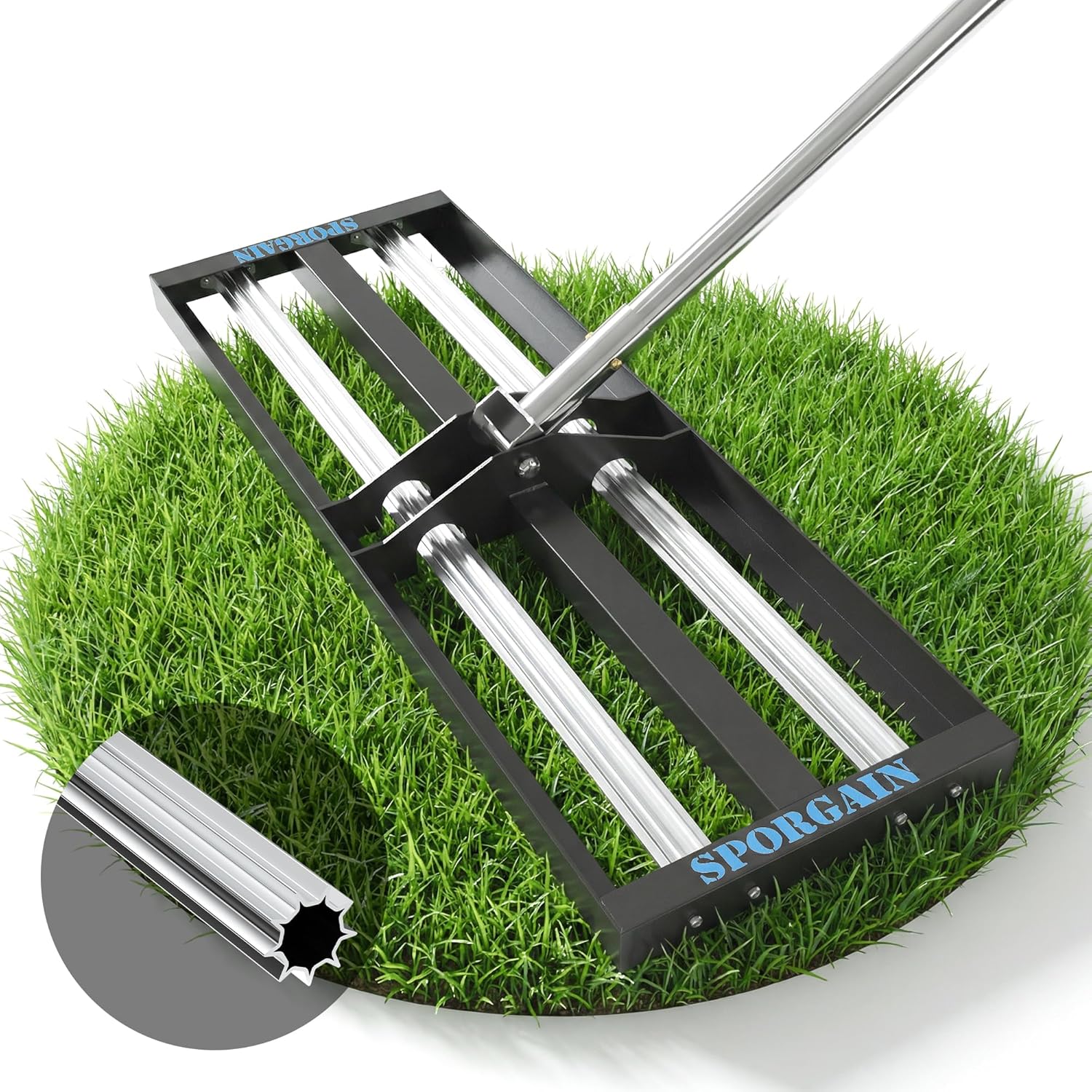 SporGain Lawn Leveling Rake 30"x10", Lawn Leveler with Aluminum Rollers, Yard Leveling Rake Stainless Steel with 27-80" Adjustable Handle, Heavy-Duty Ground Leveler Suit for Garden, Golf Lawn, Farm