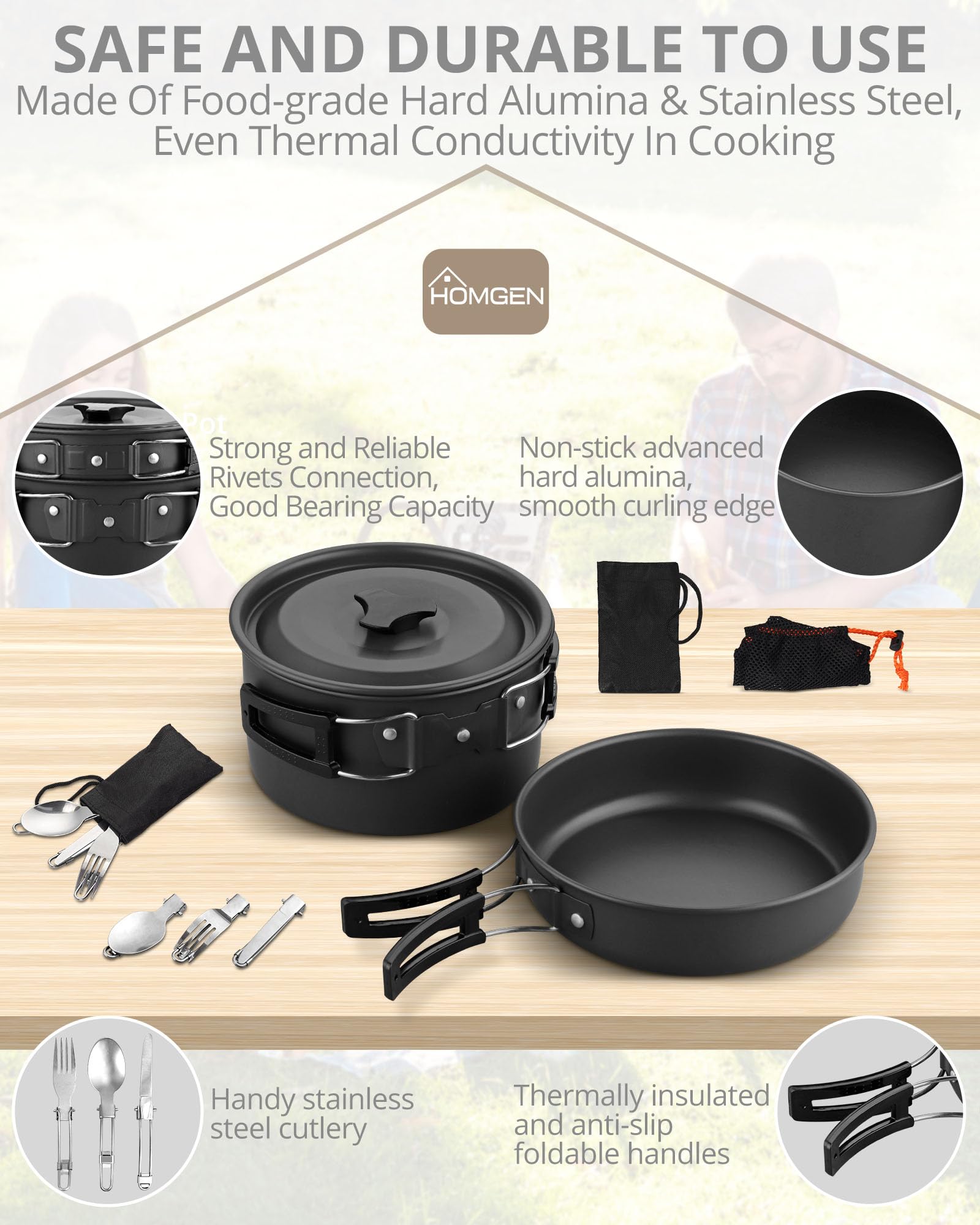 Utensilios de Cocina para Camping HOMGEN Juego de Ollas y Sartenes para Acampar Juego de Cocina de Aluminio para 1-2 Kit Camping con Cubiertos para Estufa de Gas para Camping, Picnic, Senderismo, etc.