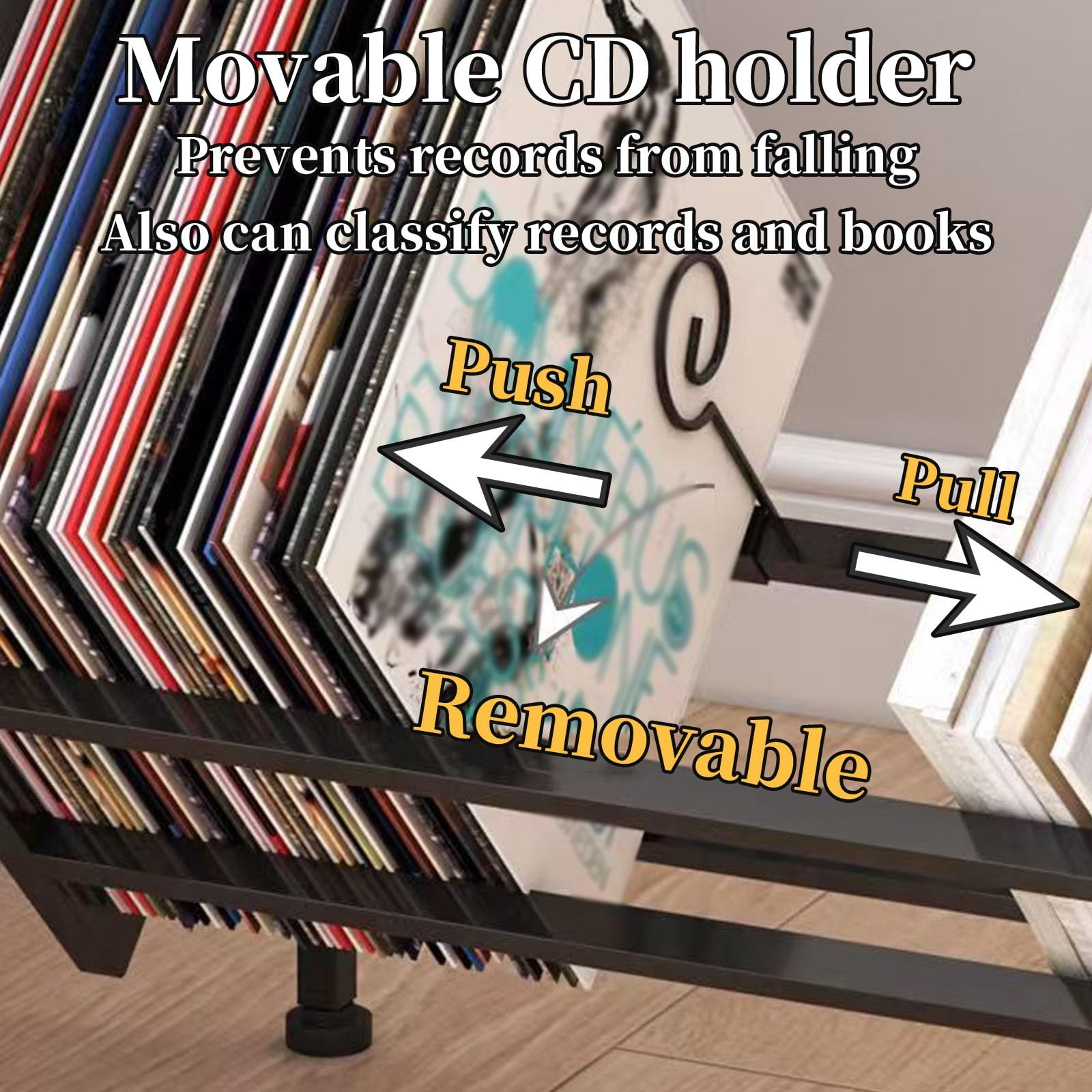 Stojak na płyty winylowe z kółkami, 2-poziomowy stojak mieści do 200 LP, regulowane przegrody, torba do przechowywania, metalowa rama retro, na gramofon, wielofunkcyjny regał na książki