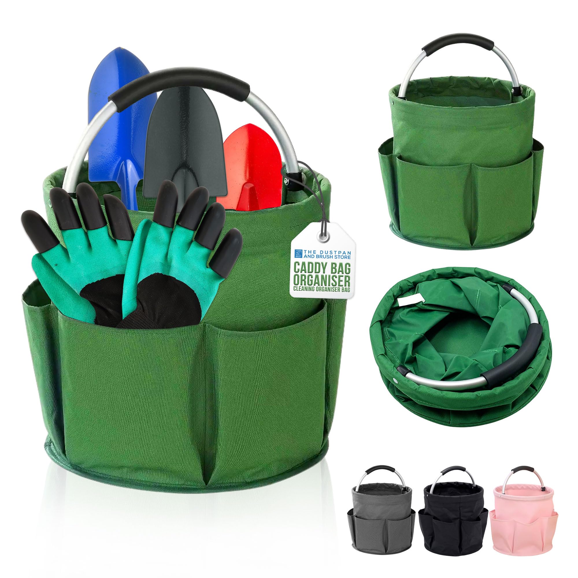Cleaning Caddy with Handle - Tool Bag Organiser with 6 Side Pockets, 1 Large Pocket & Handle, Cleaning Bag with Foldable Design, Caddy Organiser for Home, Laundry & Car Organizer - Green