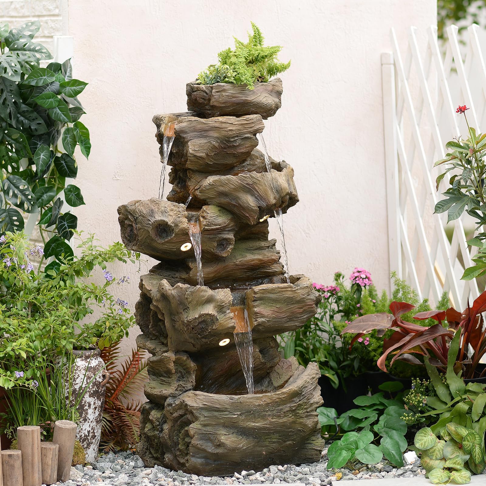Sunlinua 103 cm H 4-stufiger Gartenbrunnen im Felsen-Look mit LED, Wasserfall und Springbrunnen für Garten, Terrasse, Balkon oder Hof, aus Harz