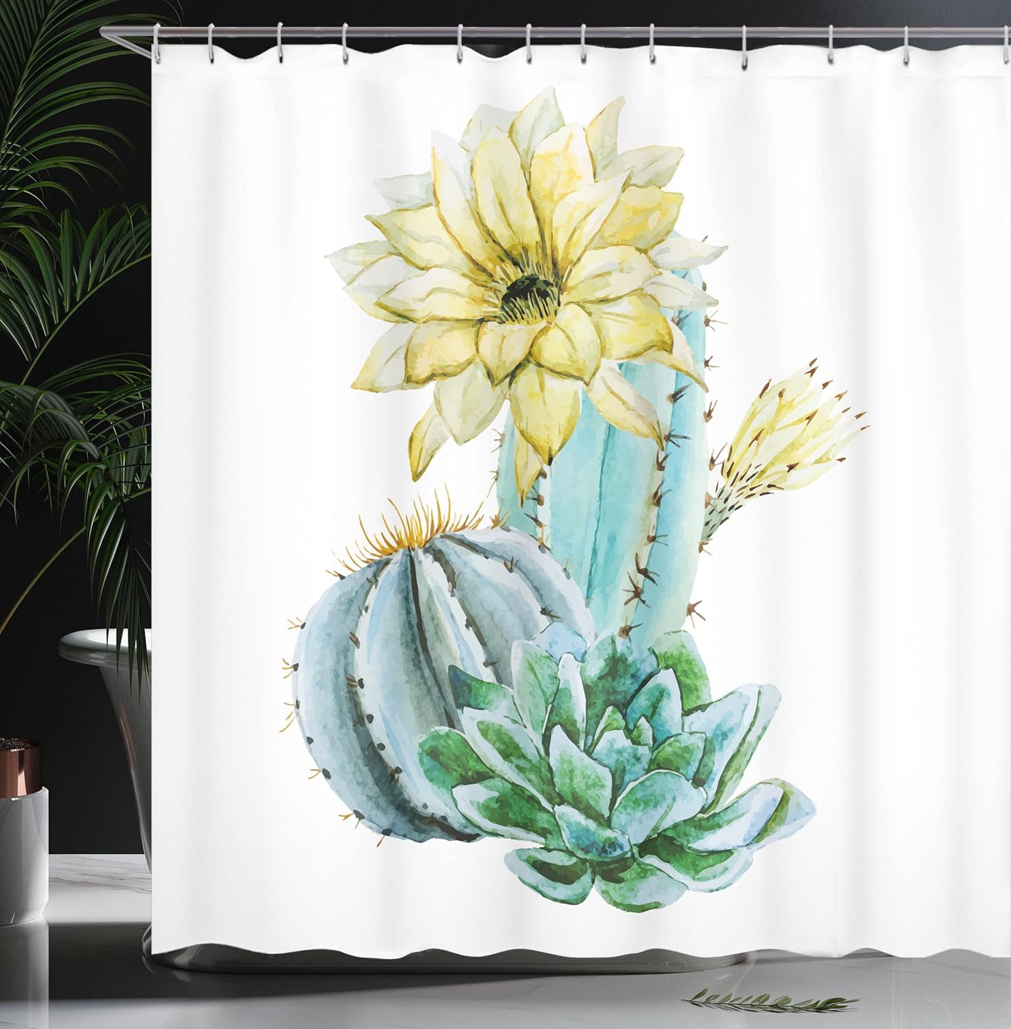 Ambesonne Succulent Shower Curtain, Watercolor Style Cactus Composition Exotic Climate Flora Art, Cloth Fabric Bathroom Decor Set with Hooks, 69" W x 70" L, Green Yellow