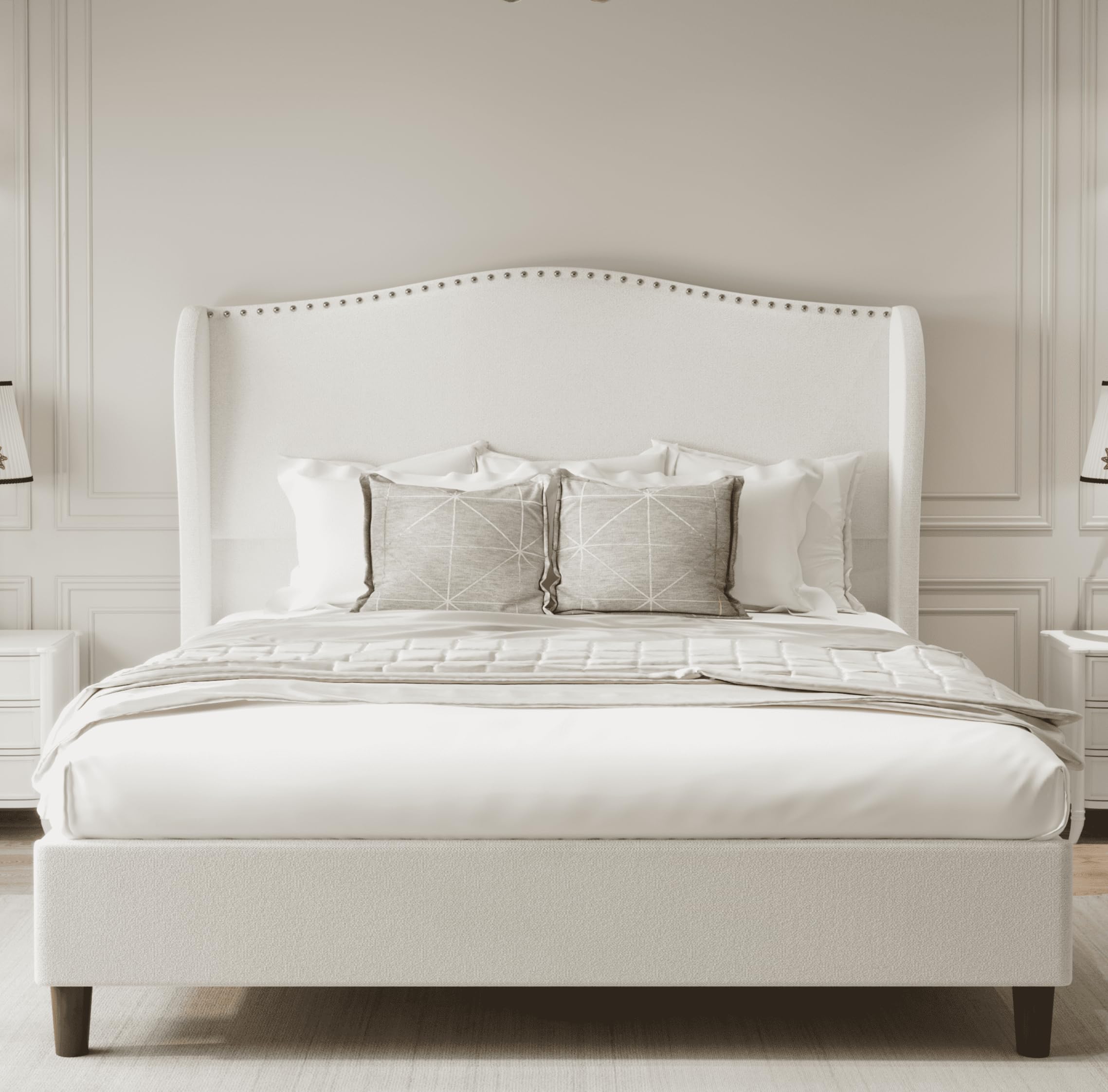 Full Size Chenille Bed Frame with 52 Inch Tall Headboard, Upholstered