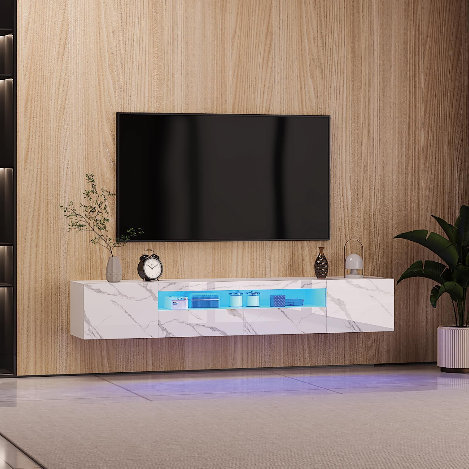 KEEPREAPER TV-Schrank, Lowboard mit LED-Beleuchtung, Fernsehtisch hängend, Fernsehschrank Hochglanz, für Fernseher bis zu 85 Zoll, für Wohnzimmer, 180 x 35 x 30cm (Weiß marmor)