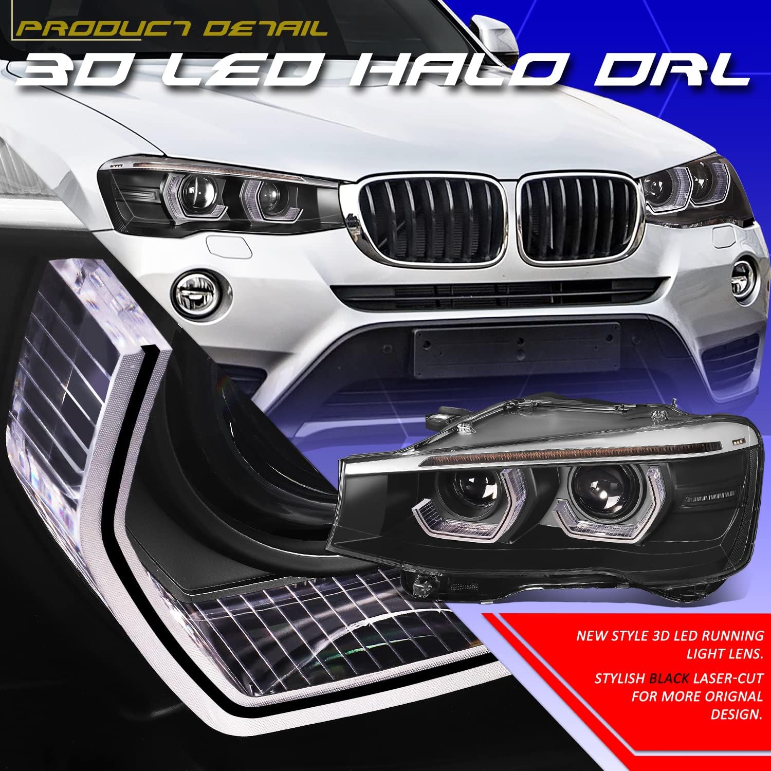 DNA MOTORING Pair LED DRL Sequential Turn Signal Projector Headlights Compatible with 15-17 BMW X3 / 15-18 X4, Black/Clear,HL-3D-X3-BK