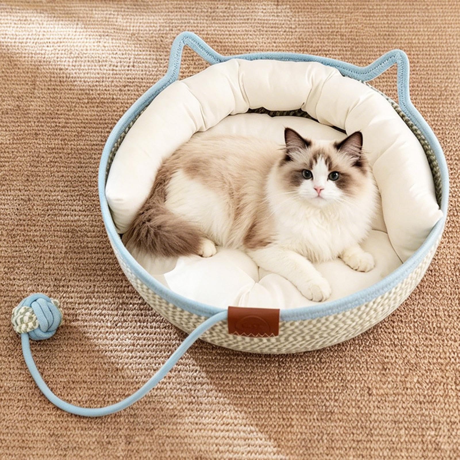 Cama Cesta de Cuerda de Algodón Tejida a Mano con Cola de Juguete | Cama para gato pequeño para Todas las Estaciones Gatito Animal Viaje y Enriquecimiento para Mascotas