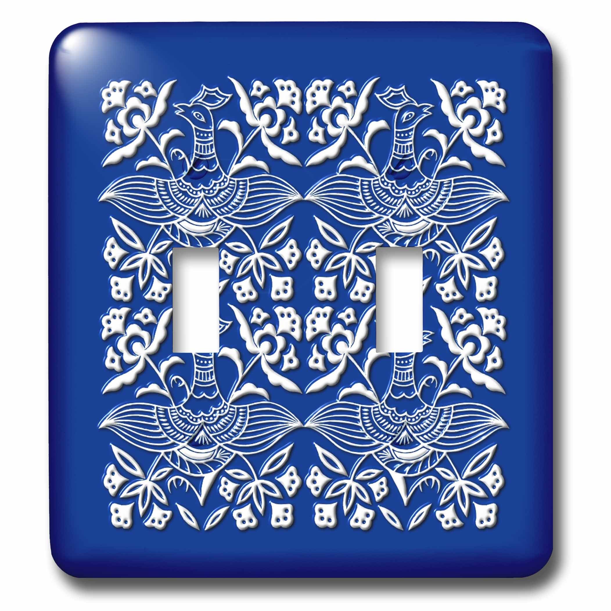 Interrupteur double bleu et blanc motif quatre oiseaux et fleurs