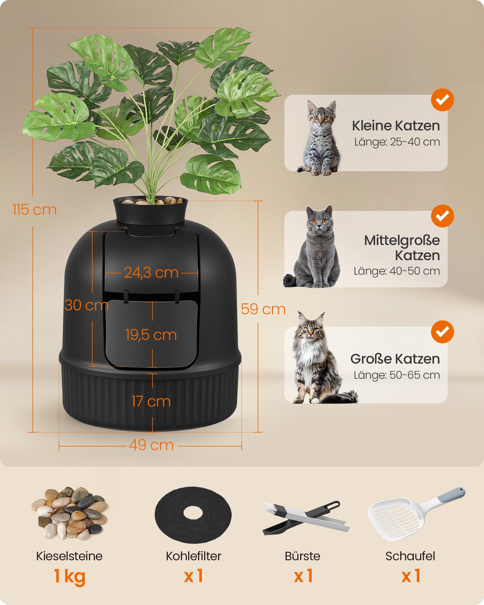Feandrea Katzenklo Blumentopf, versteckte Katzentoilette, mit künstlicher Pflanze, Tür, geschlossen, Kohlefilter, Geruchskontrolle, Kieselsteinen, Schaufel, Bürste, tintenschwarz PPT006B101
