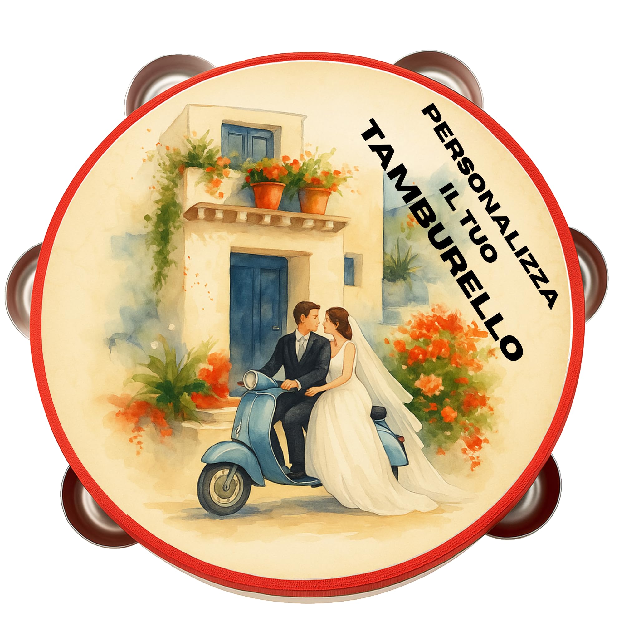 Personalized Tambourine 18cm - Vintage Two-Wheel Wedding - Gift Idea for Weddings, Events and Special Occasions - Customizable