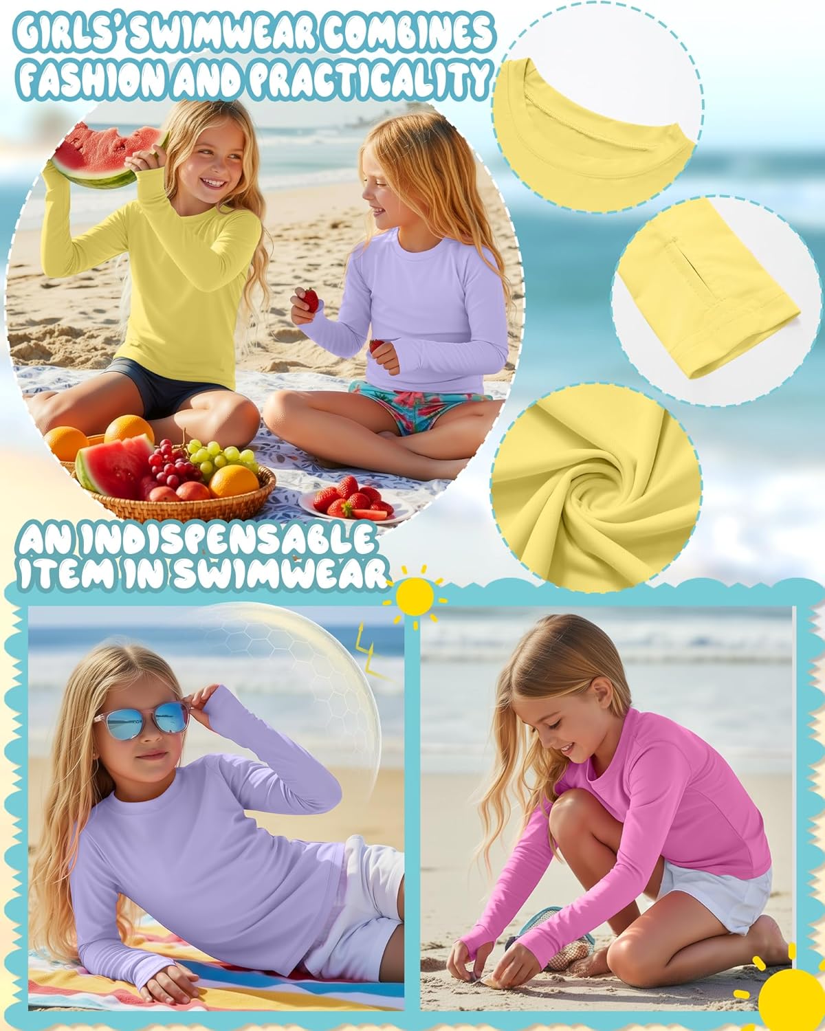 3 Pack Girls Rash Guard Swim Shirts 5-14Y UV Sun Protection Long Sleeve Thumb Hole Quick Dry T-Shirts UPF 50+ Tees