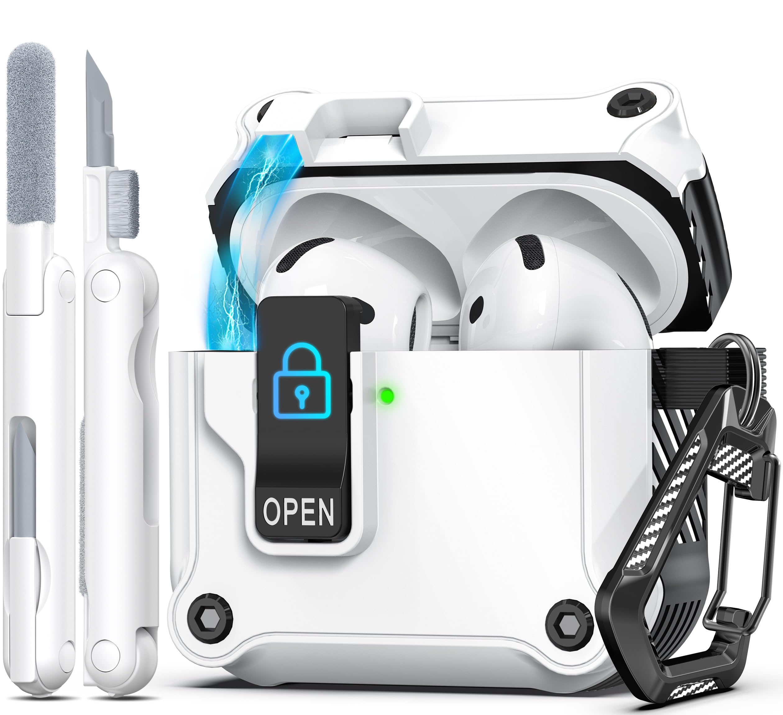 R-fun Compatible with AirPods 4th Gen Case, Full Drop Protection Auto Pop-Up Lid and Lock Design with Cleaner Kit and Keychain for AirPods 4 2024-White