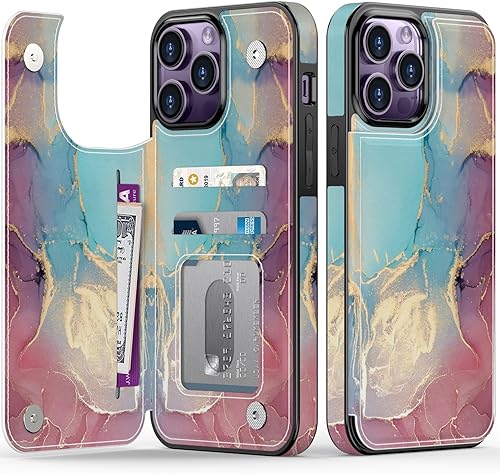 LETO Funda con tapa para iPhone 15 Pro, cartera de piel tipo folio, diseños de flores de moda, ranuras para tarjetas, función atril, funda