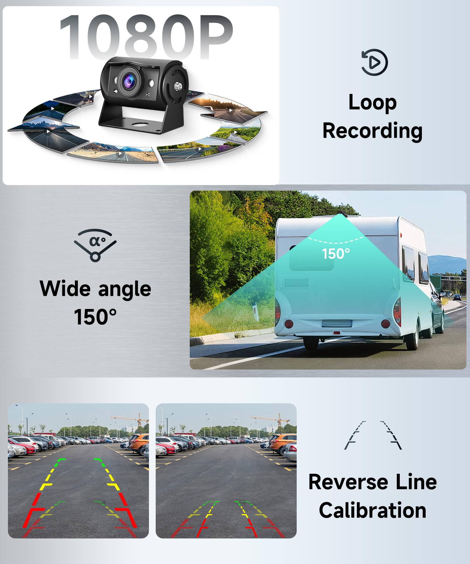 VECHTEL Câble pour caméra de recul 4 avec écran IPS 9 Pouces,Aide au stationnement,caméra de recul 1080p avec 18 LED,Vision Nocturne/étanchéité IP68 pour SUV,Enregistrement vidéo en Boucle,12–24 V