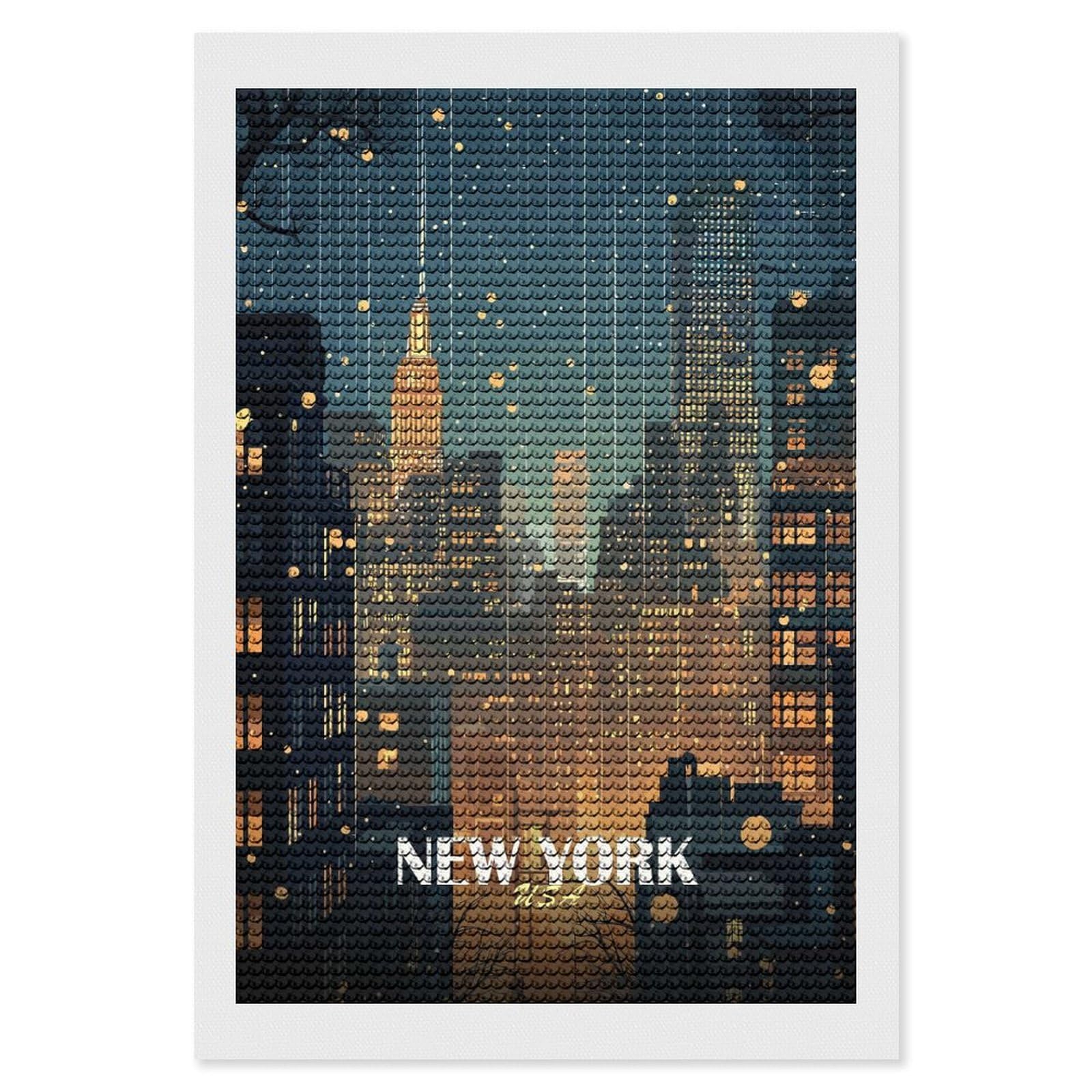 Junmoney New York Cityscape at Night Round Drill Diamond Painting 8"x12", for Craft Lovers, Stress Relief Craft, Bedroom Decor, Festive Craft Gift