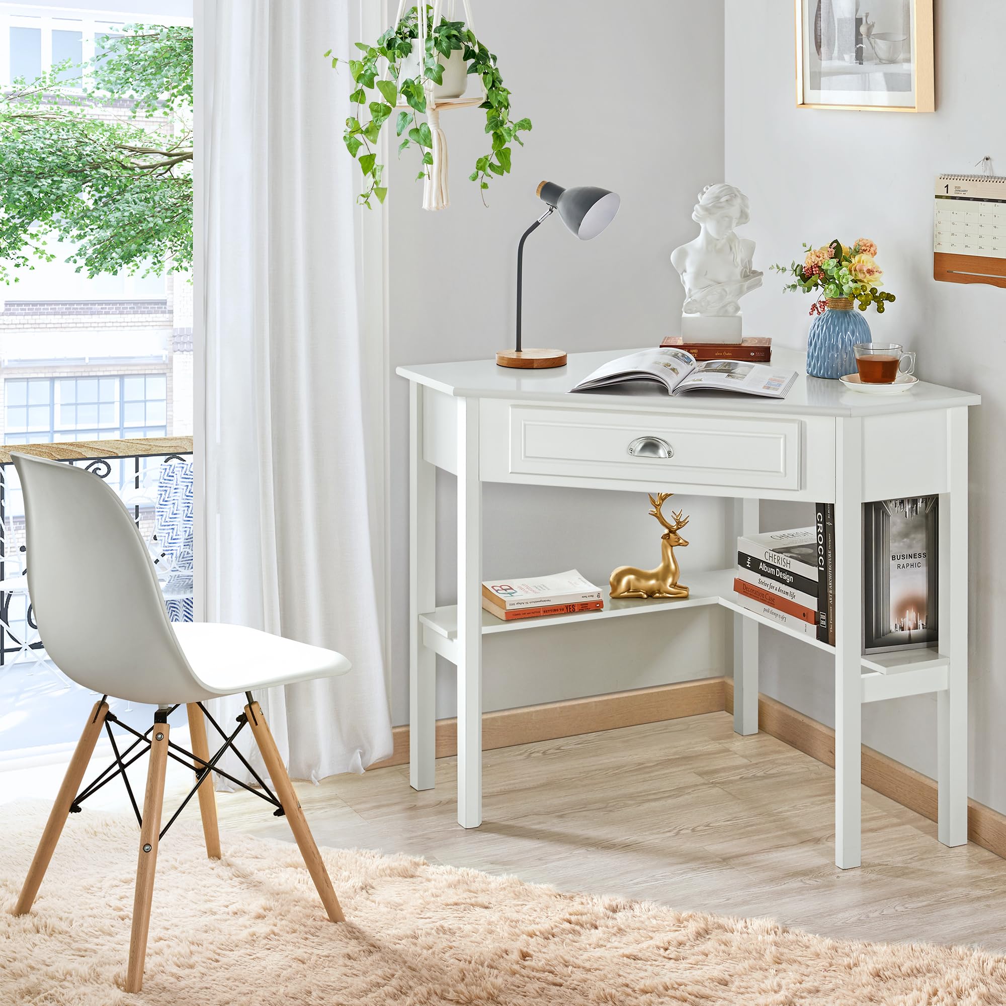 Yaheetech Scrivania Angolare per Computer Desktop Computer in Legno con Cassetto e Ripiano Portaoggetti per Postazione di Lavoro Elegante 106 × 71,5 × 76,5 cm Bianco