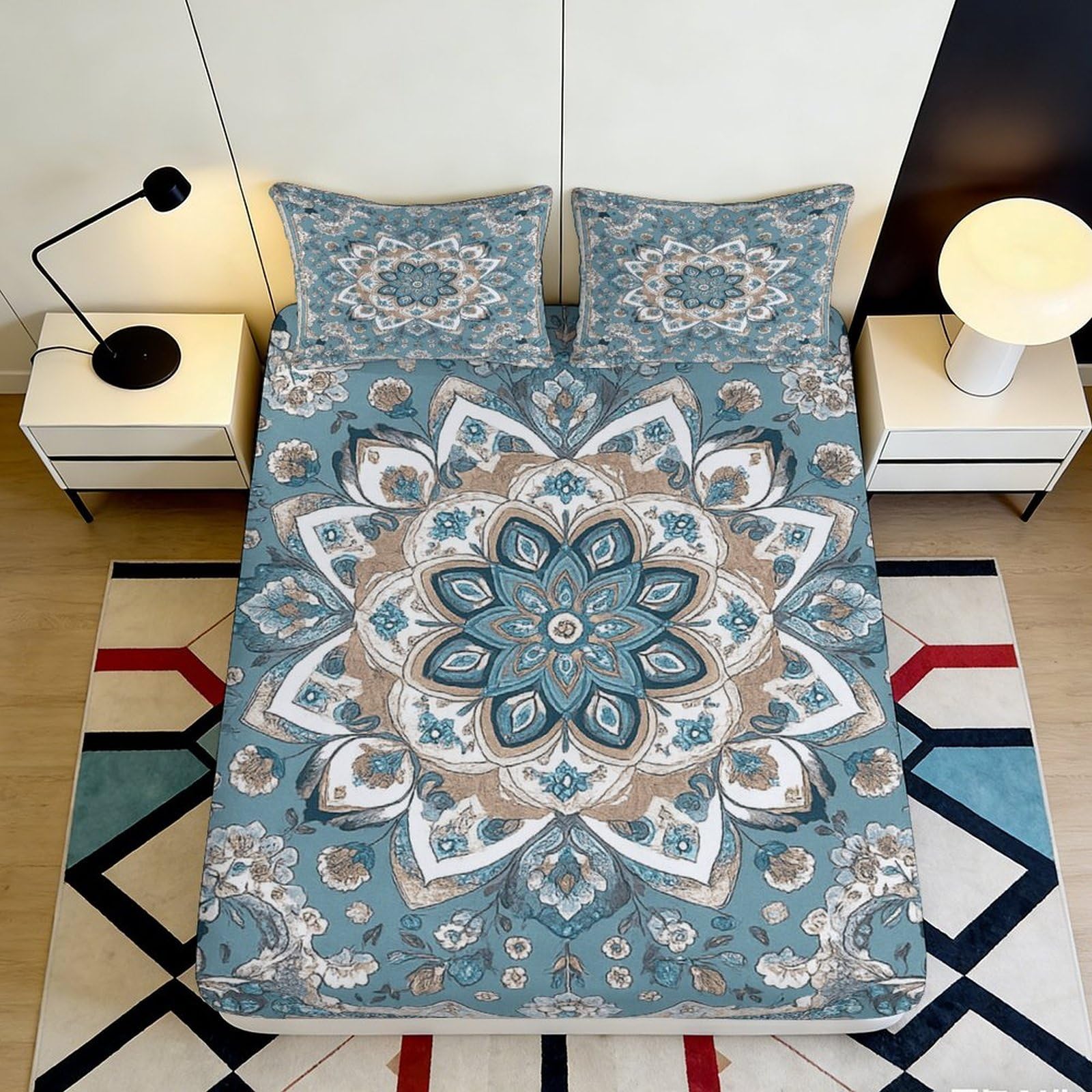3D Printed Blue Floral Mandala Fitted Sheet Microfiber Soft Breathable 3D Lotus Pattern Mattress Cover for Bedroom Dormitory Guest Room Protection 200x200x25cm