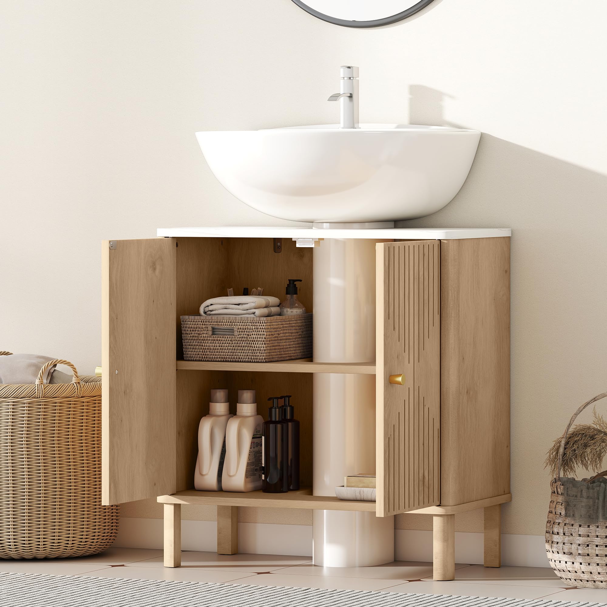 HOMCOM Meuble sous Lavabo avec Étagère pour Vasque, 60 x 30 x 63 cm, Chêne
