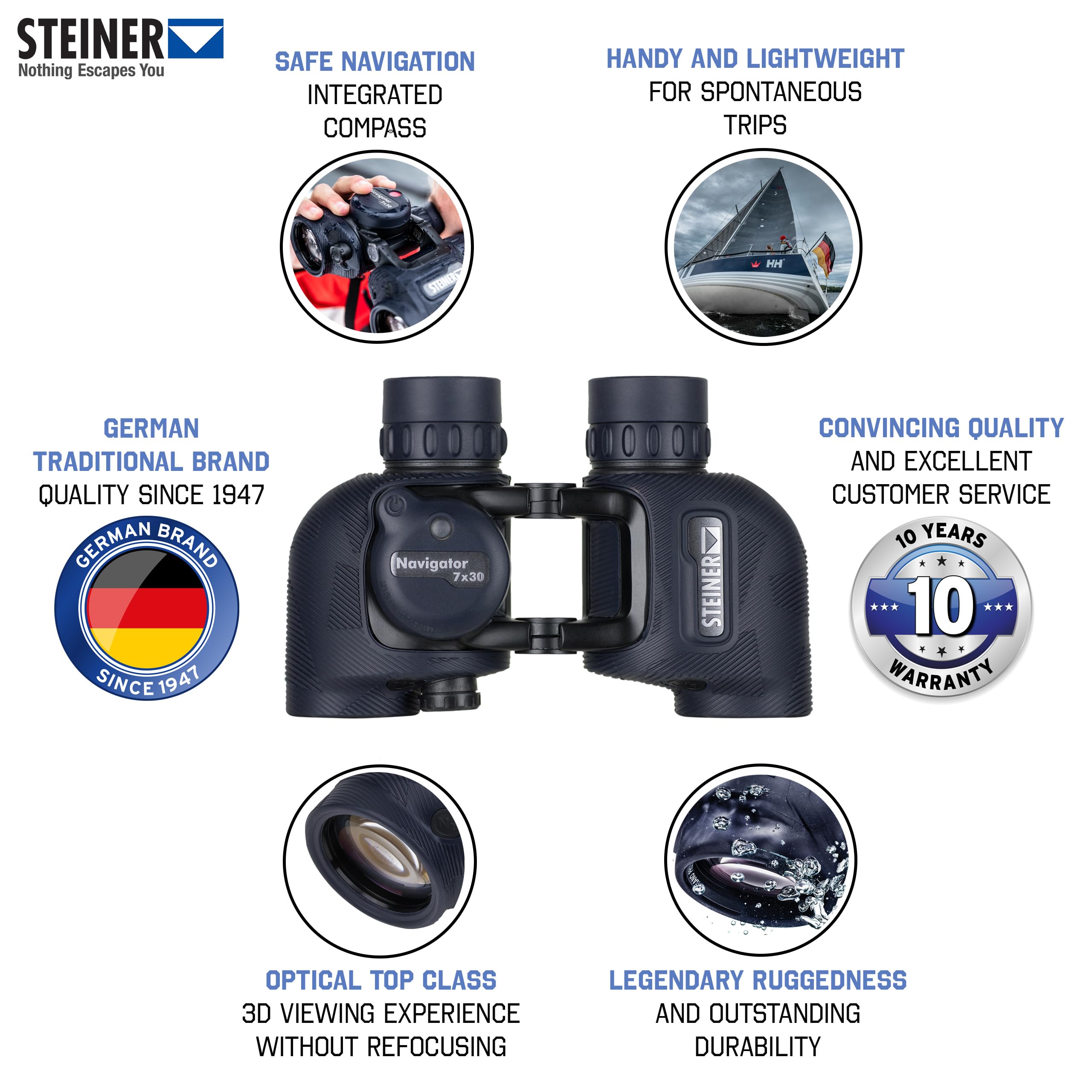 STEINER Binocolo marino Navigator 7x30c - Bussola stabilizzata HD, ottica di qualità tedesca, ponte aperto, impermeabile 5 m, compatto, per viaggi spontanei in barca a vela o quando si scende a terra
