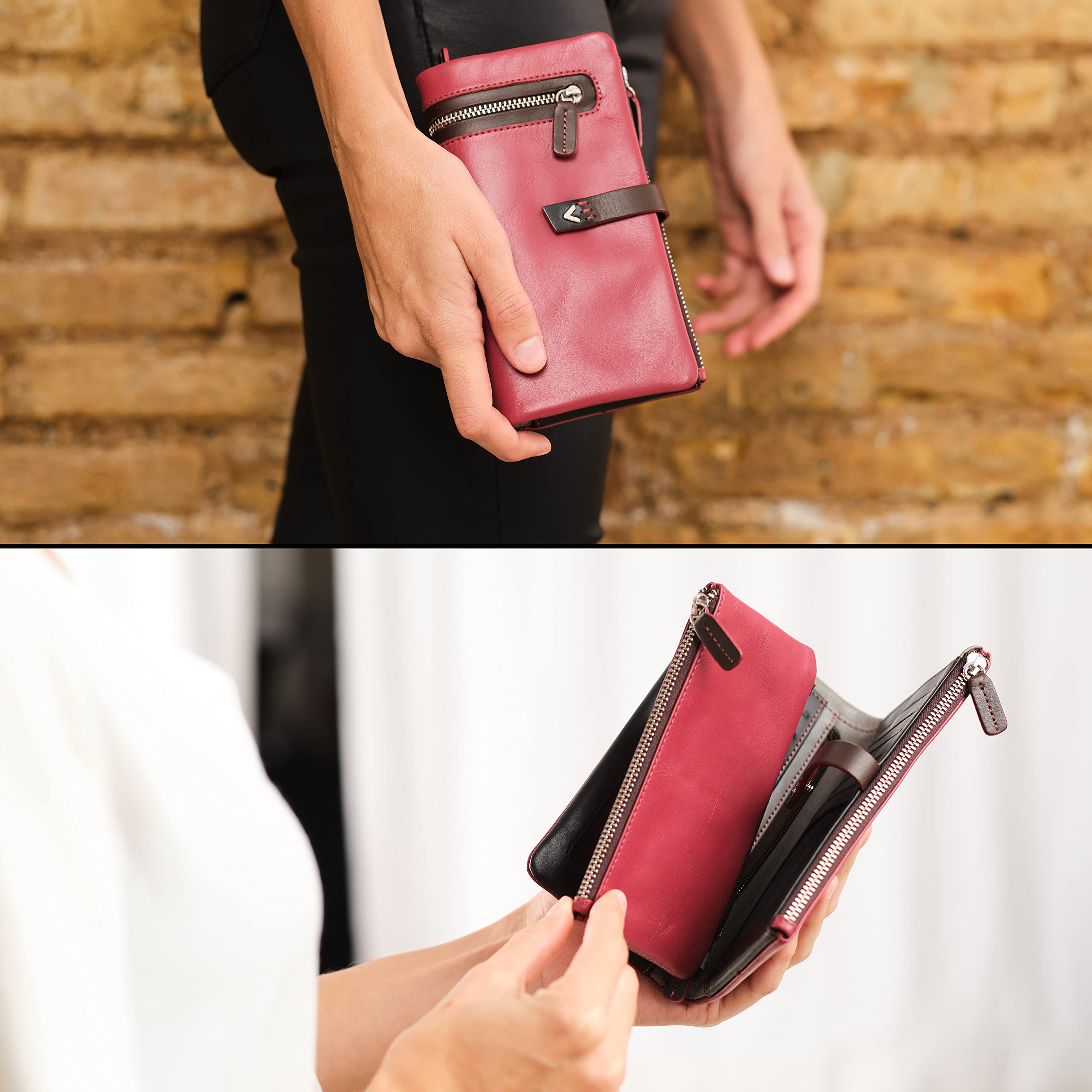 Portafoglio Donna Pelle Vera - Portamonete RFID Fatto a mano - Porta Tessere Firmato Rosso - Regalo Perfetto.