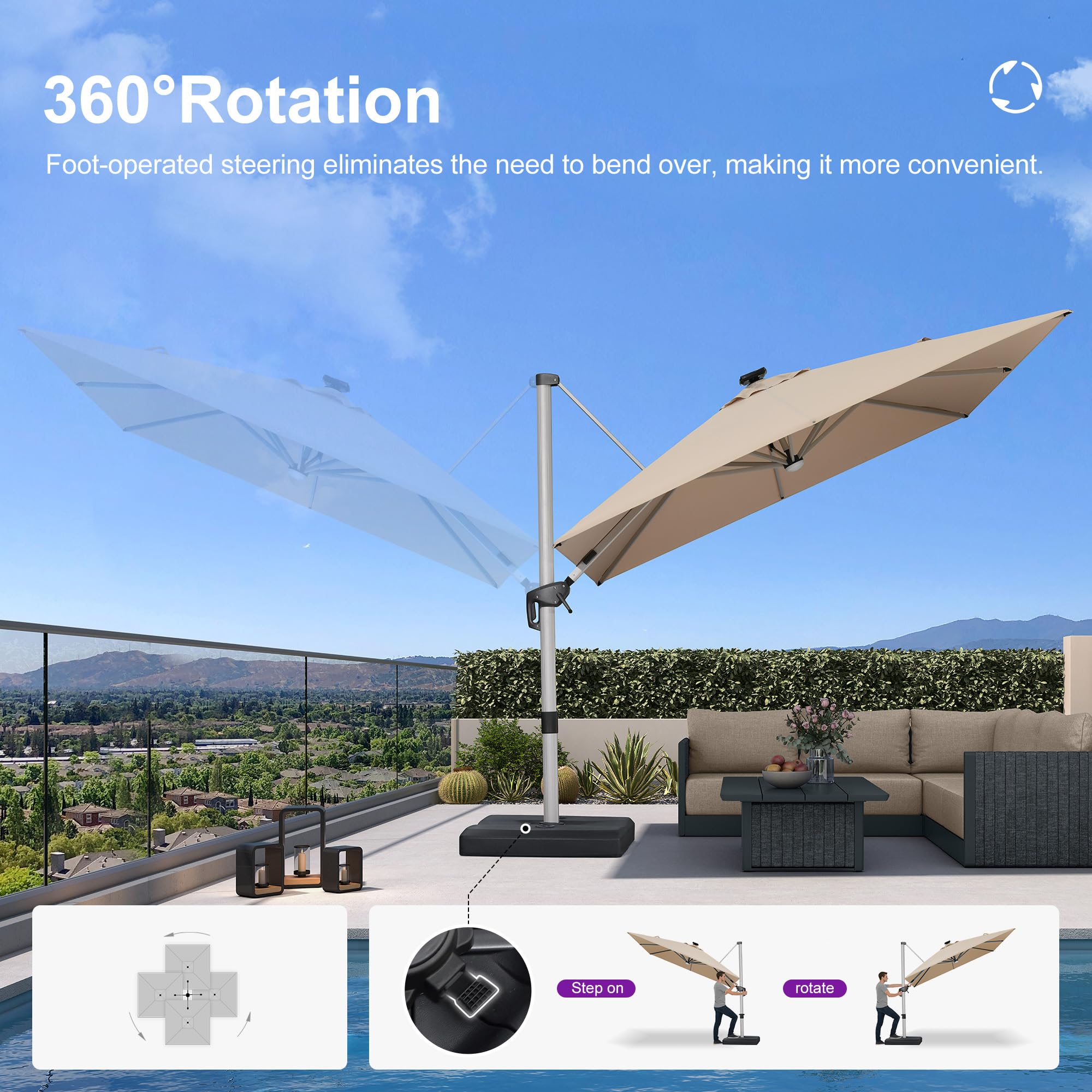 costway 10ft square patio offset cantilever umbrella 360 degree tilt PURPLE LEAF 9' X 12' Solar LED Light Deck, Beige Nolan N30-4 TP BLAZER Weight Umbrella Base Included Rubber Mohawks Helmet Color:Gloss White
