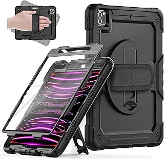 Timecity iPad Pro 12.9 Case 2022/2021/2020/2018,Protective Case with Screen Protector, Rotating Stand Hand/Shoulder Strap, iPad Pro12.9 Inch 6th/5th/4th/3th Gen Case Support Pencil 2 Charging -Black