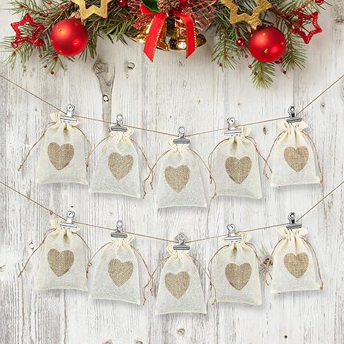 Miniatura 4 de SumDirect Bolsas de arpillera de corazón con cordón  36 bolsas pequeñas de lino beige de 4 x 6 pulgadas para regalo de boda, baby shower