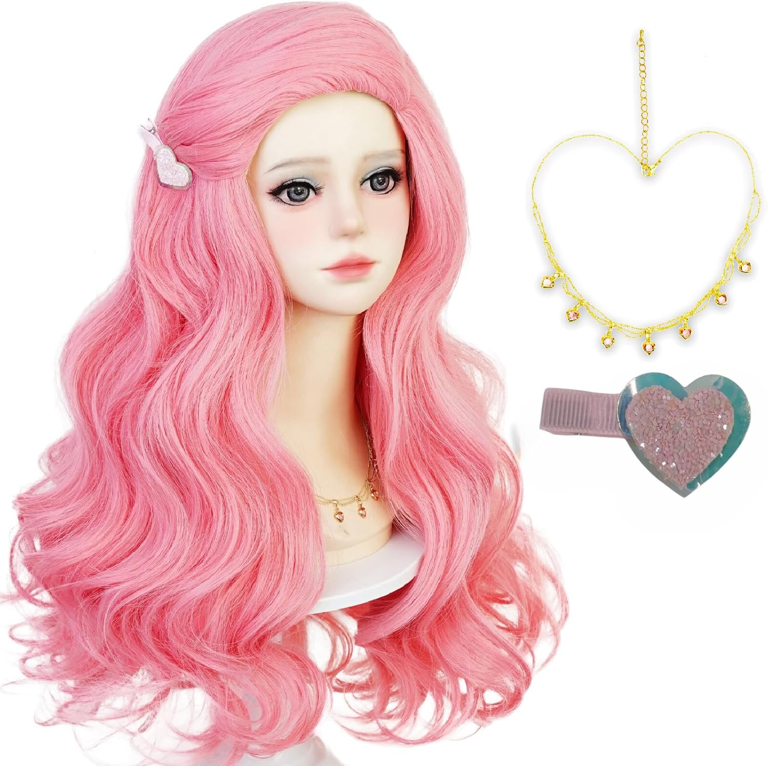 Light Pink Curly Princess Wig for Kids with Necklace Hairclips, 23.6