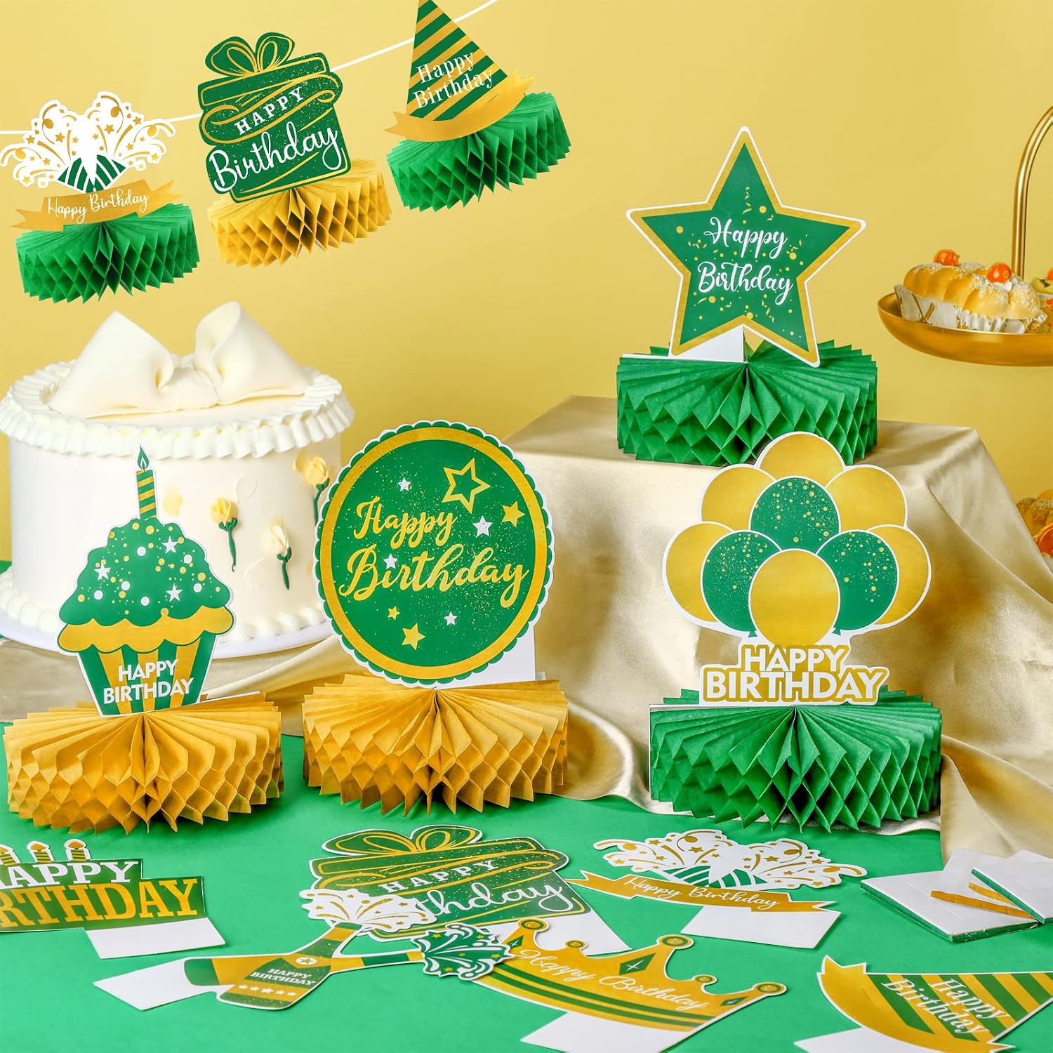 Sabary 12 Pcs Green and Gold Birthday Decorations Table Decoration Happy Birthday Desktop Decoration Honeycomb Centerpieces Party Balloon Crown Paper Table Decor Royal Centerpieces for Men Women Party