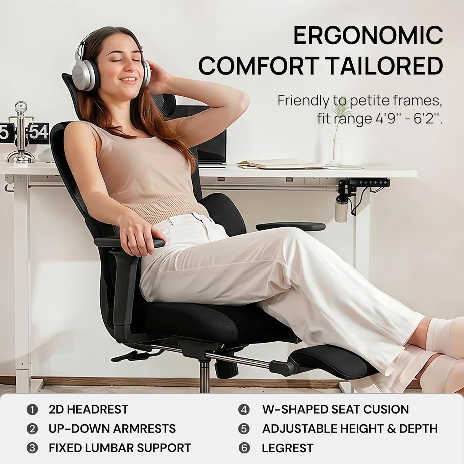 CabLady S1 Petite Ergonomic Home Desk Chair with Footrest and Headrest, High Back Fixed Lumbar Support with Detachable Pillow, Reclining Cute Office Chair for Women & Girls, 300 LBS Capacity