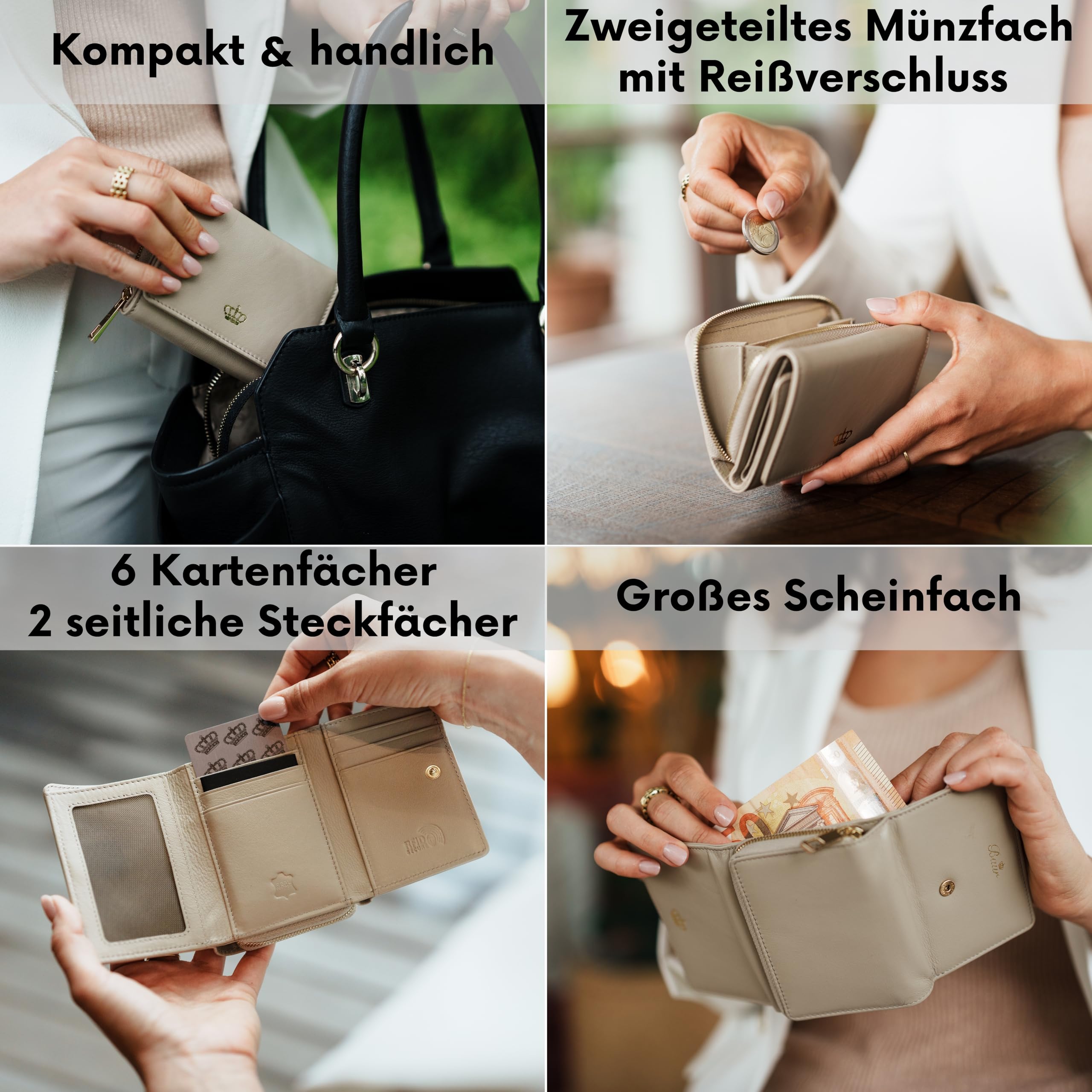 Baur Damen Geldbörse – Echtes Nappaleder mit RFID-Schutz – Portemonnaie mit Druckknopfverschluss, 6 Kartenfächern und Münzfach mit Metall-Reißverschluss (Creme, Gold Reißverschluss)