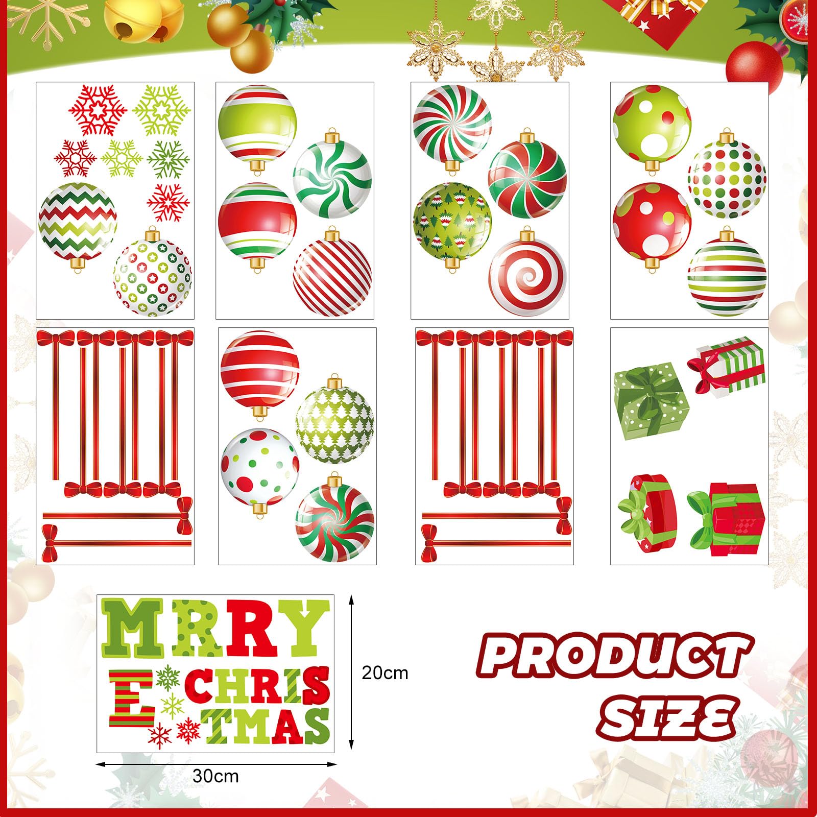 Christmas Clings Stickers Xmas Ball 9 Sheets Large Cute Merry Christmas Window Decals Colorful Decor for Home School Office Decoration Xmas Party Supplies