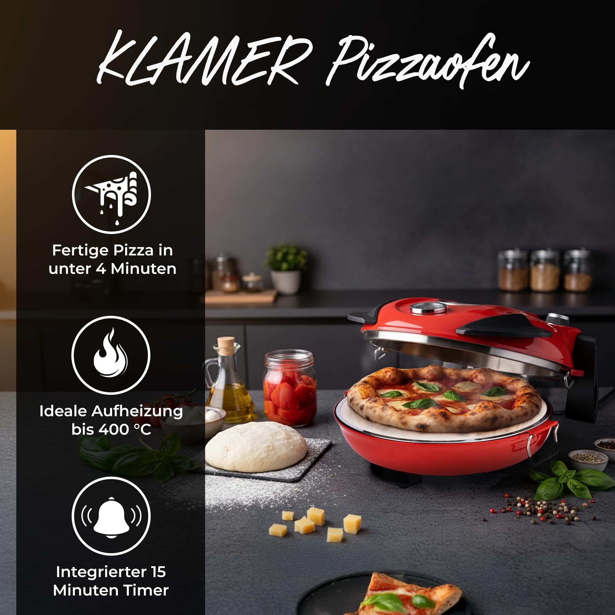 KLAMER Pizzaofen elektrisch, Pizza Ofen mit ⌀ 31cm, 1200W, 400°C, abnehmbarer Keramik Pizzastein, 5 Temperaturstufen, 15 Minuten Timer, Inkl. 2x Pizzaschieber