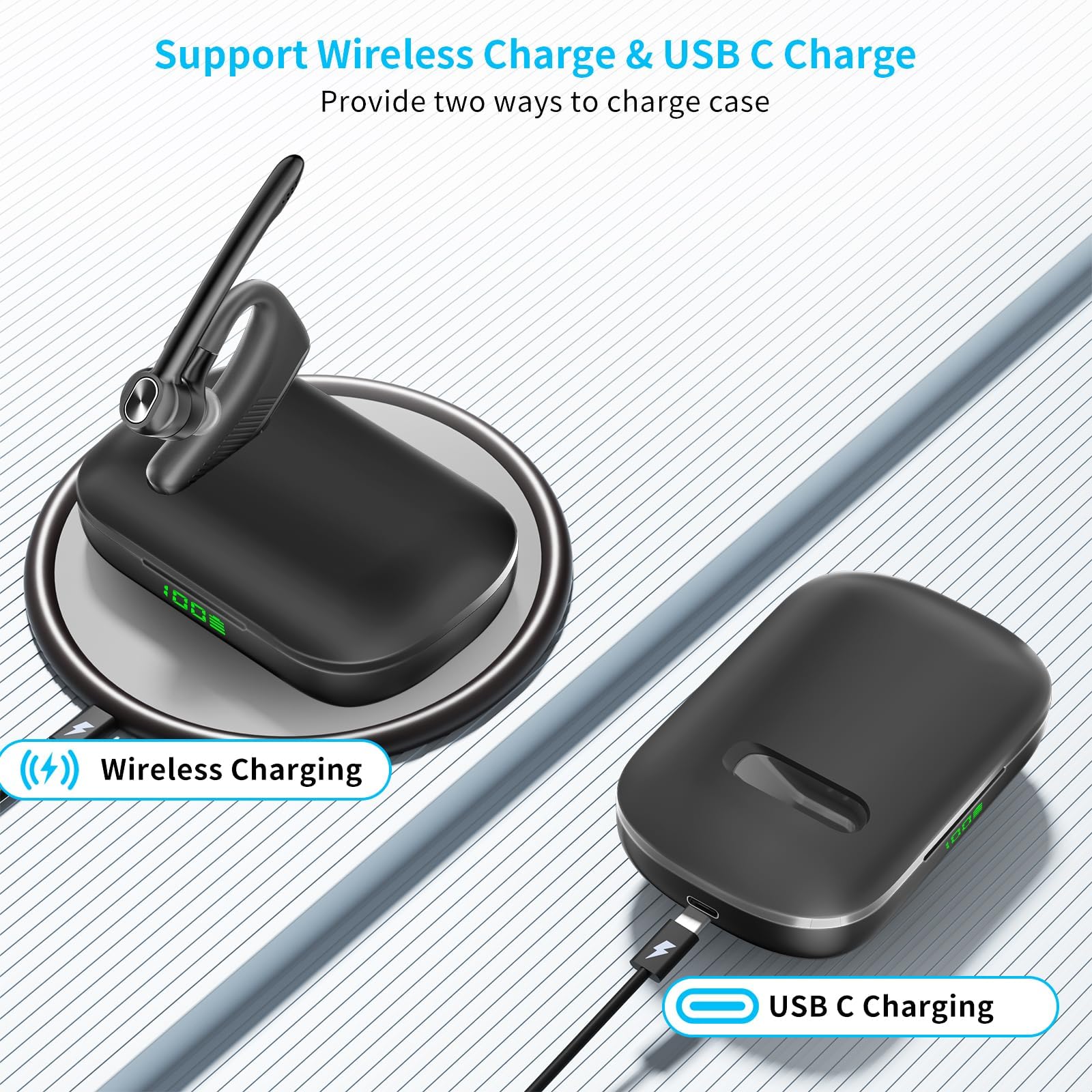 Auricolare Bluetooth senza fili con microfono 180 ore di riproduzione 1000 mAh Custodia di ricarica wireless vivavoce auricolare singolo auricolare display a LED per iPhone Android Cellulari PC