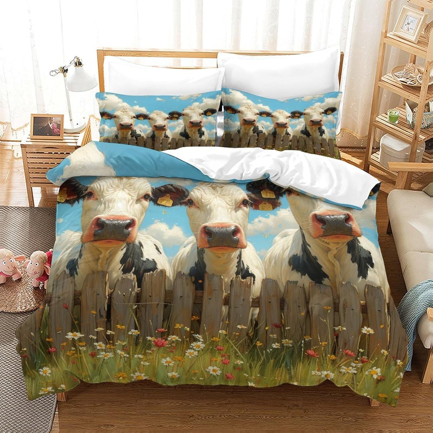 Housse de couette vache 260x230 avec taies d'oreiller et fermeture éclair pour grand lit 3D