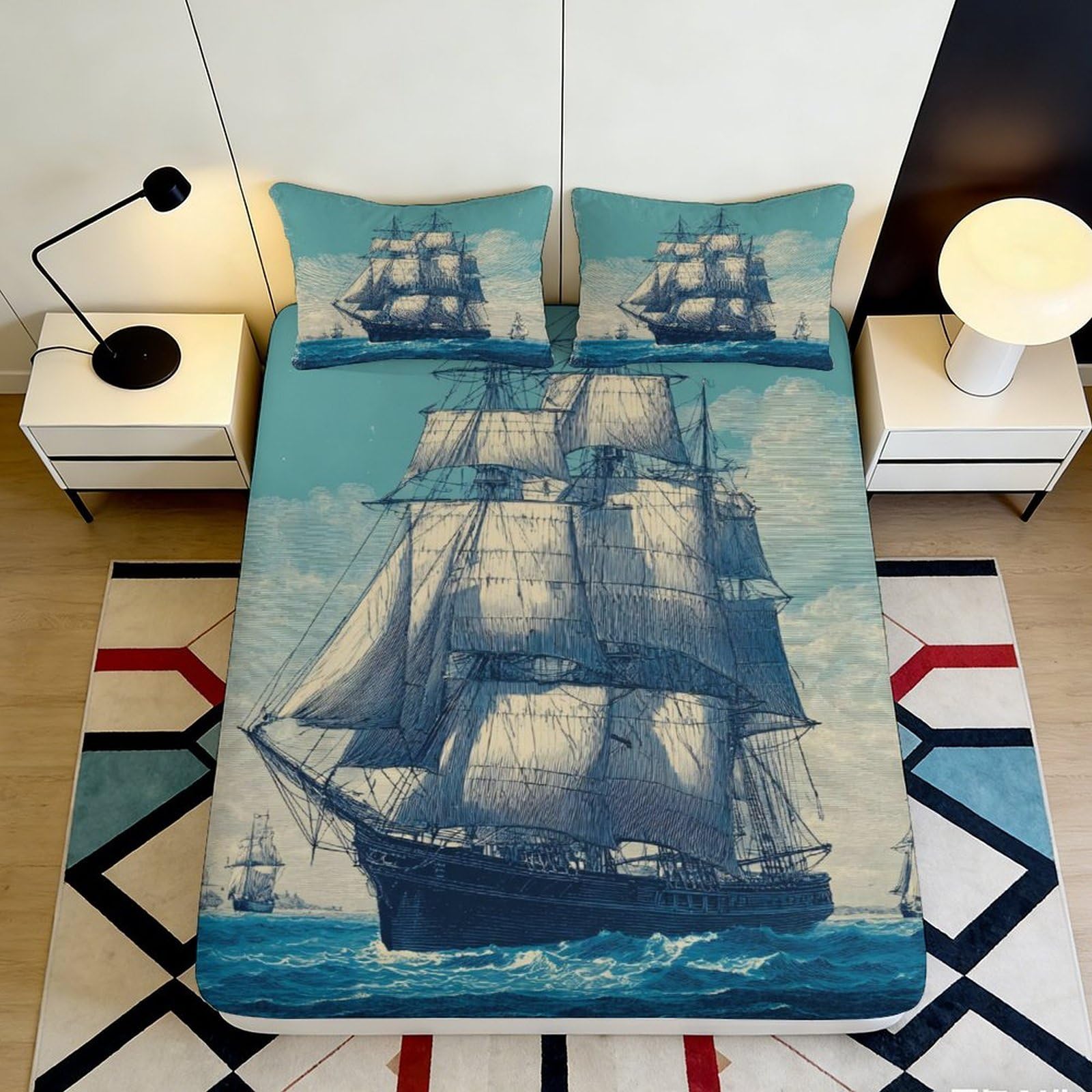 Uxinyoume Style-3 3D Printed Vintage Sailing Ship Fitted Sheet Microfiber Soft Blue Nautical Bed Cover For Bedroom Guest Room Decor 90X200x25cm