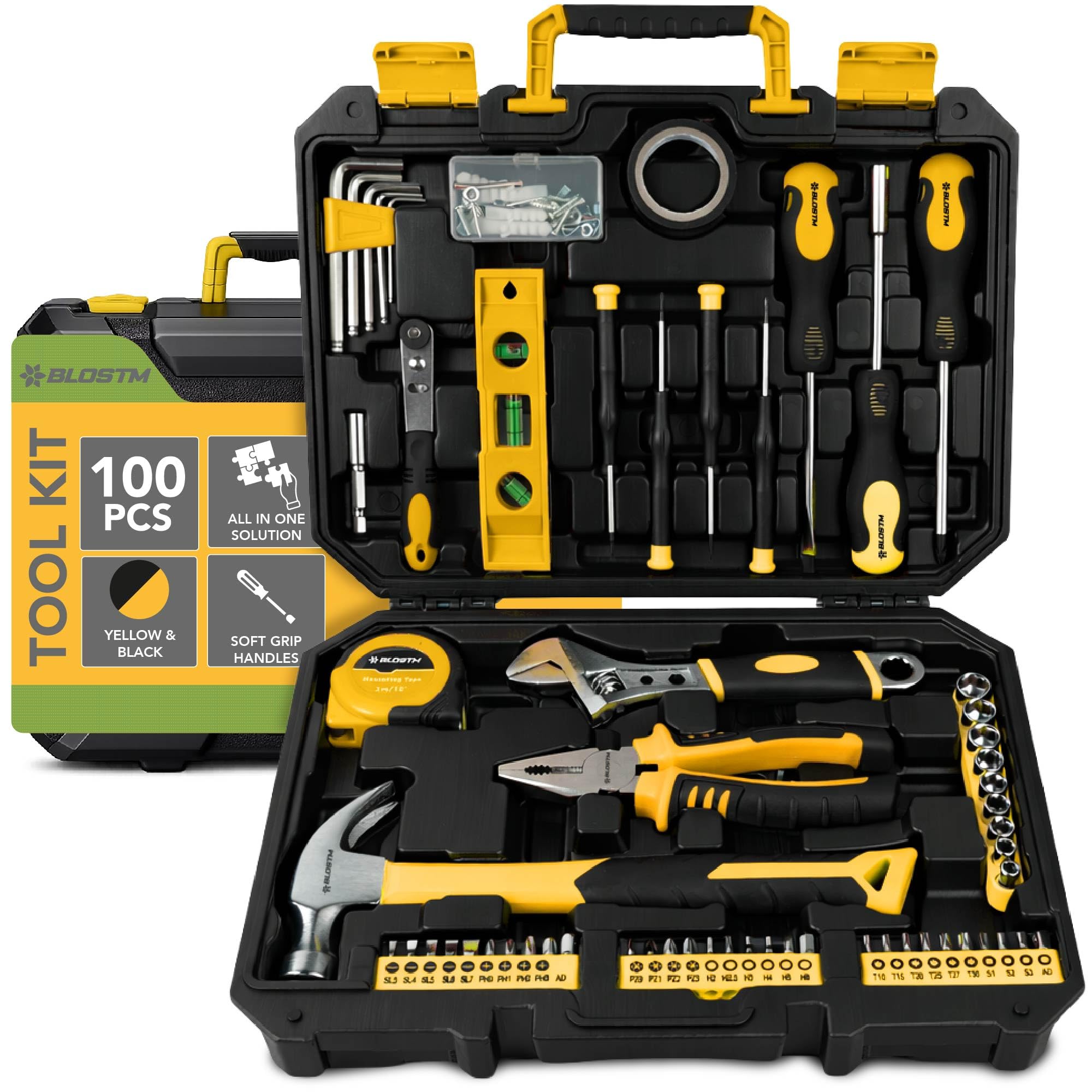 BLOSTM 100 Piece Tool Kit - Home Tool Set with Essential Hand Tools for DIY Projects, Household Repairs - Portable Plastic Tool Box with Hammer, Pliers, Screwdrivers, Hex Keys & More (Yellow/Black)