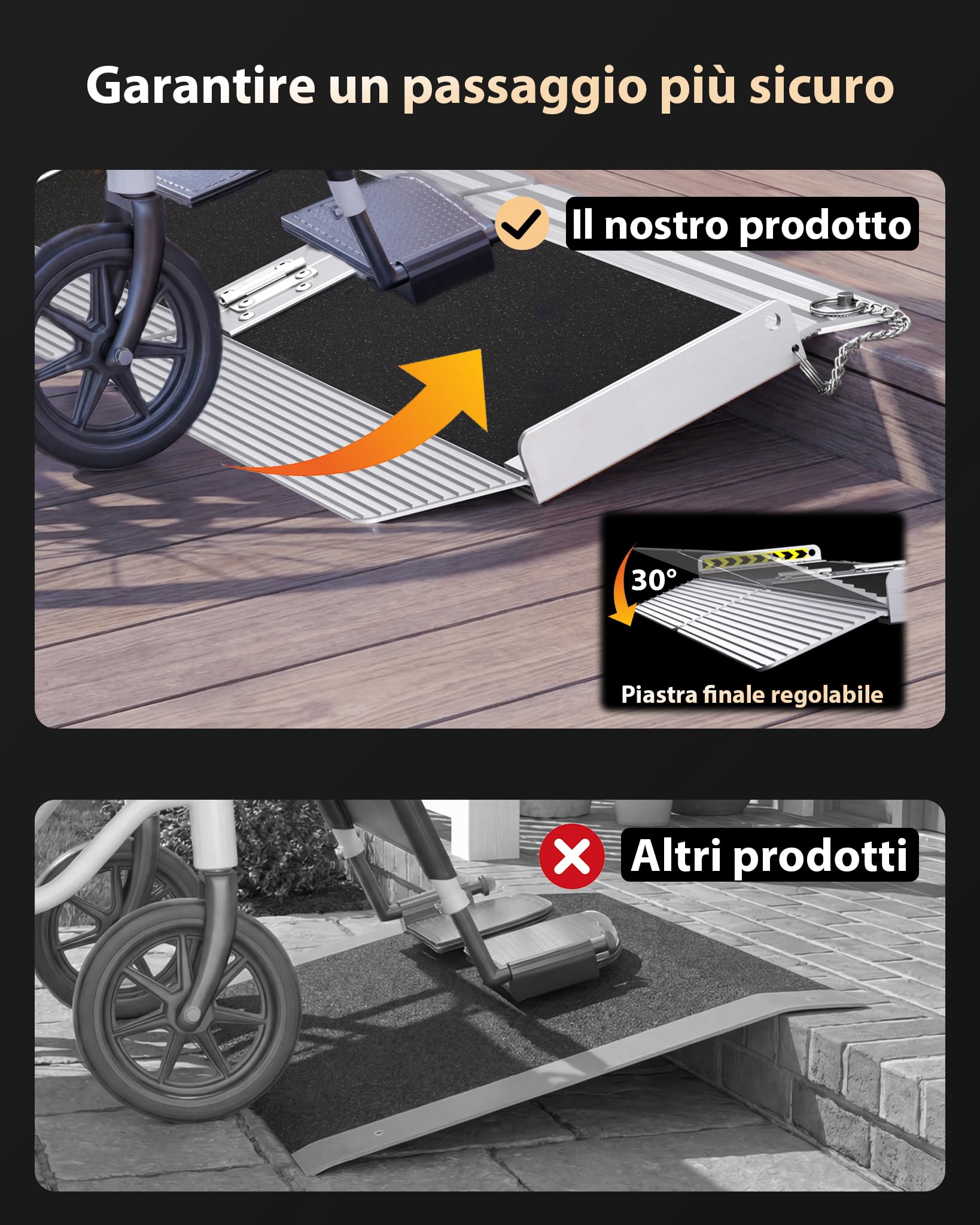 FACHNUO Rampa per soglia portatile da 30 cm, con base autoadattante, capacità di carico 363 kg, rampa per sedia a rotelle per porte di casa, rampa antiscivolo per gradini a casa, rampa pieghevole per