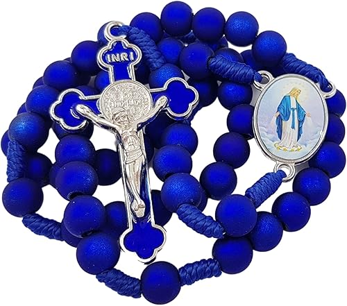 Miniatura 7 de TALISMAN4U Collar de oración católica con cuentas de rosario azul profundo con crucifijo de San Benito, medalla de Nuestra Señora de Gracia, regalo
