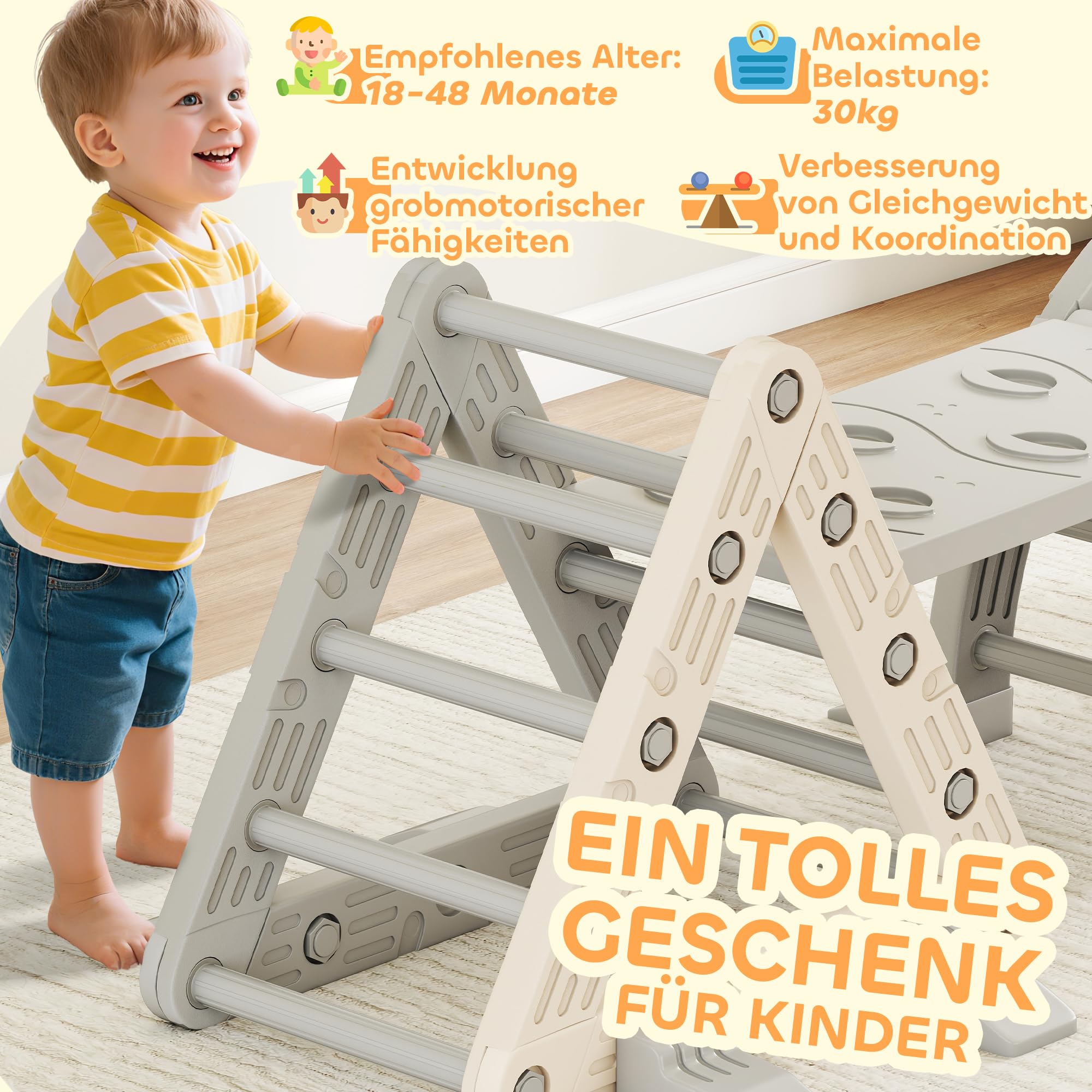 AIYAPLAY 5 in 1 Klettergerüst Montessori Indoor 18-48 Monate Grau+Weiß | Kletterdreieck mit Rutsche, Kletterbogen, Doppelseitige Rampe, Spielplatz Indoor, für Kinder