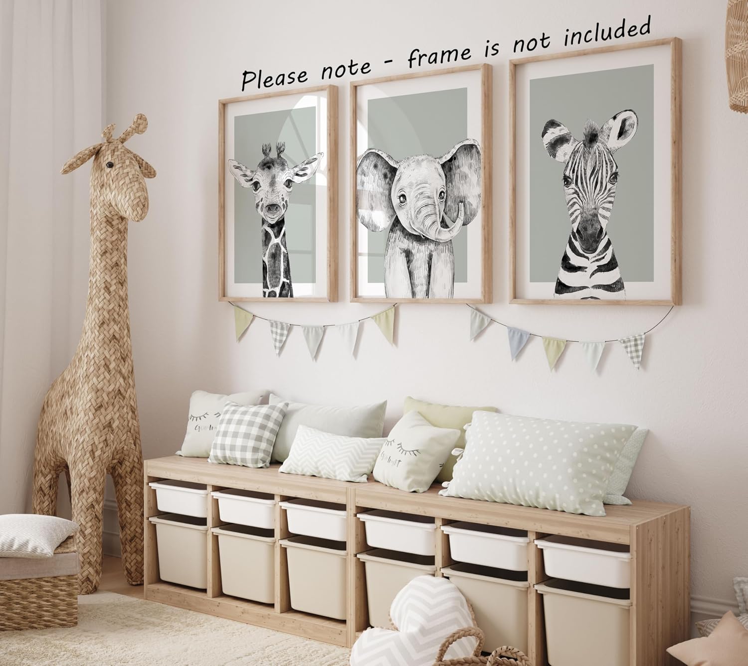 Safari Animals Baby Girl Boy Set of 3 Nursery Unframed Prints, Bedroom Decor Wall Art Posters, Black and White Elephant Giraffe Zebra, Green Background (11x14)