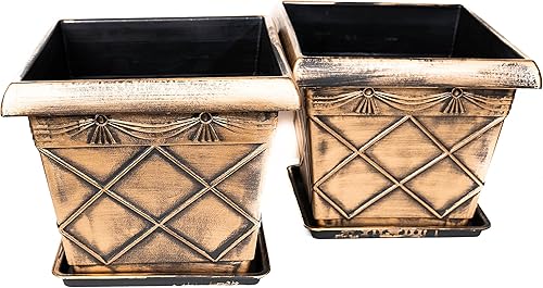 Maceta cuadrada rústica de plástico de 12 pulgadas (juego de 2 macetas + 2 bandejas a juego), maceta para habitación del bebé, para interiores y