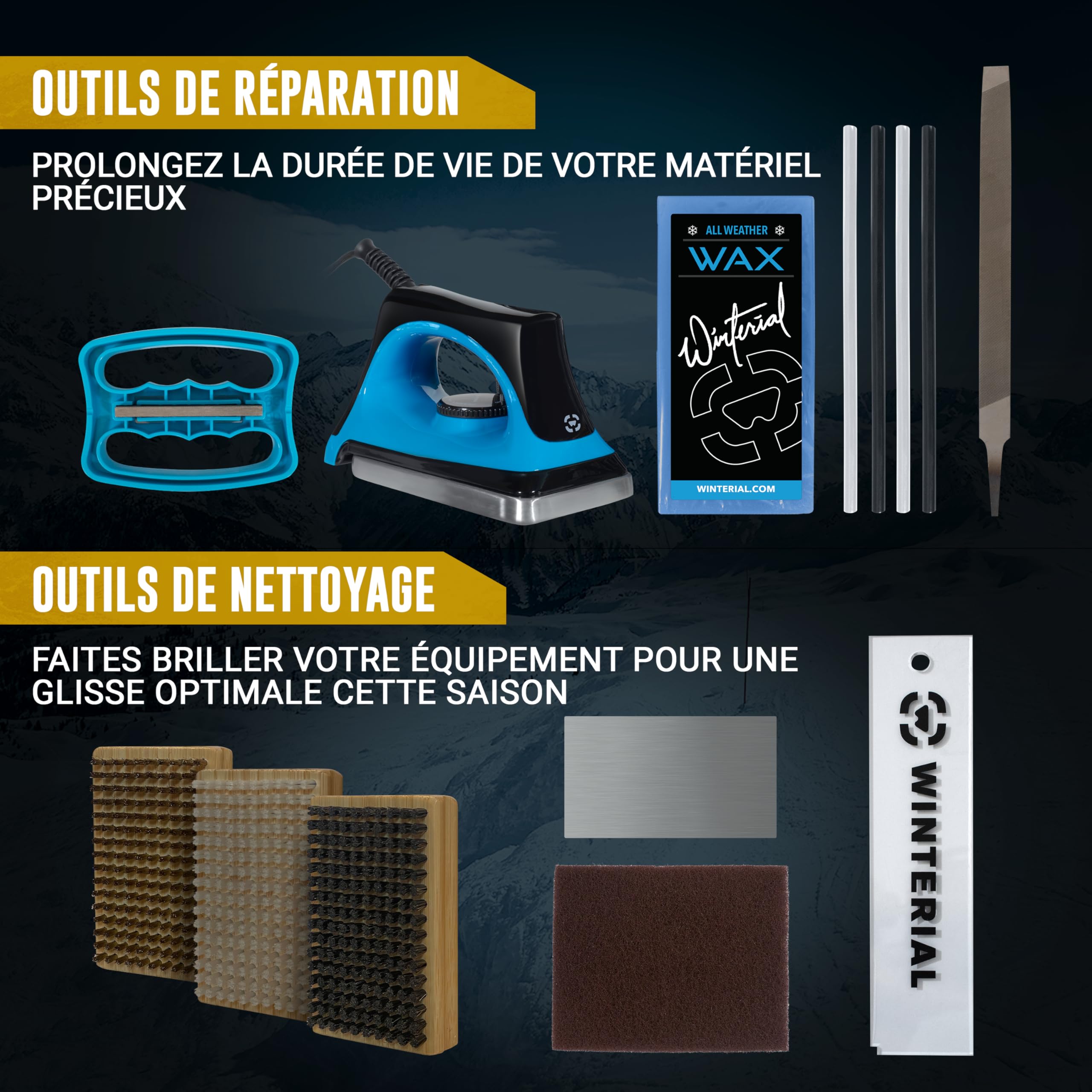 Kit de réglage Snowboard Ski Winterial avec Fer, Cire Toutes températures, Lime Bords coudés, PTEX